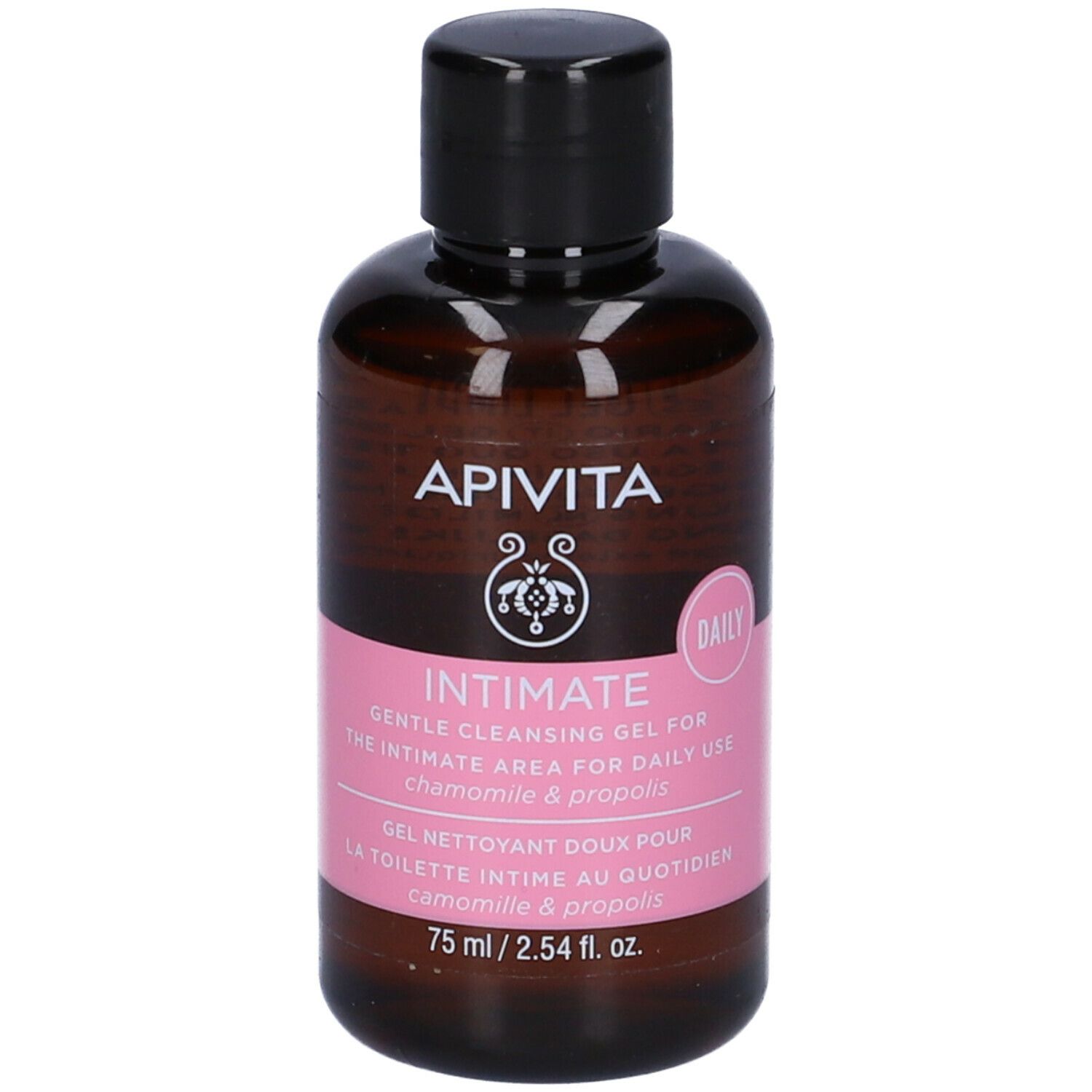 Flacone marrone con tappo nero. Etichetta rosa con testo: Intimate, gel detergente delicato. Marca: Apivita.