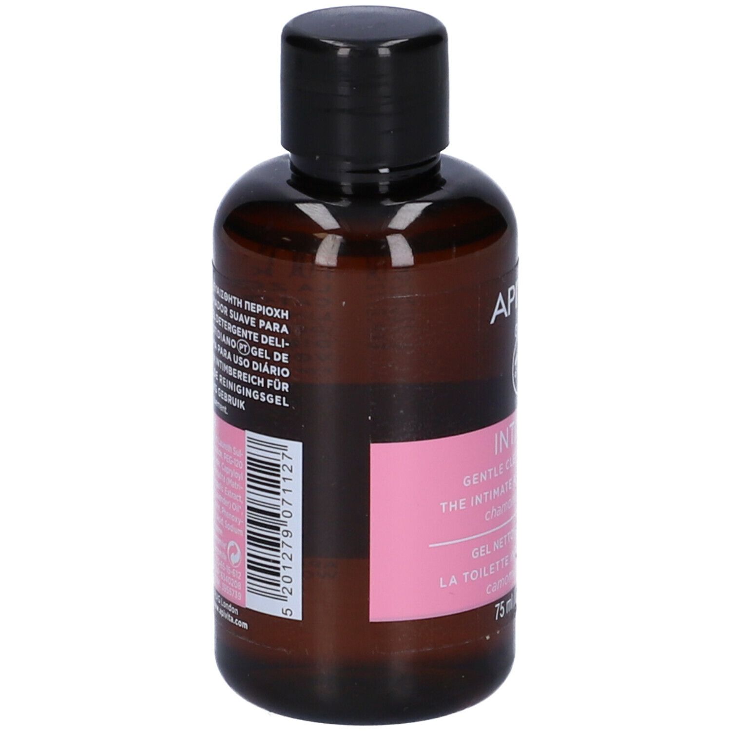 Retro del flacone marrone. Etichetta rosa con testo e codice a barre. Marca: Apivita. Flacone con tappo nero.