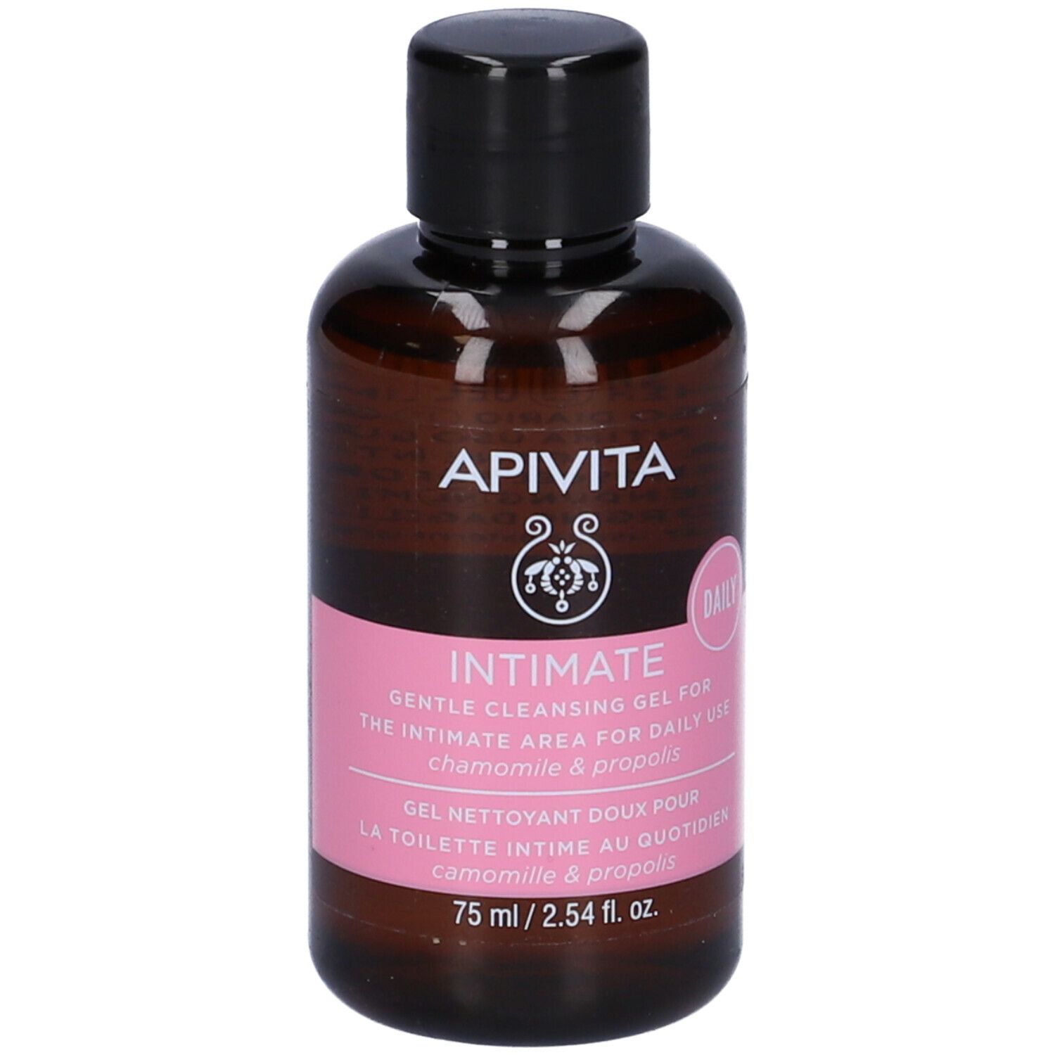 Flacone marrone con tappo nero. Etichetta rosa con testo: Intimate, gel detergente delicato. Marca: Apivita.