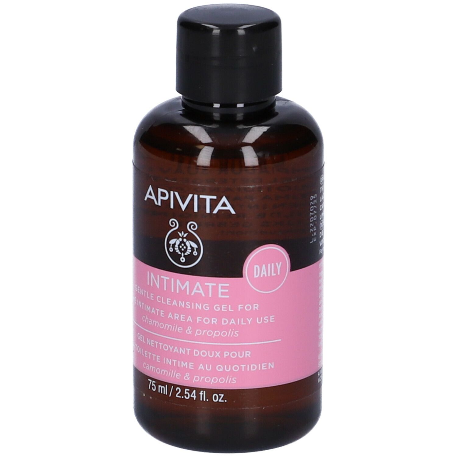 Flacone marrone con tappo nero. Etichetta rosa con testo: Intimate, gel detergente delicato. Marca: Apivita.