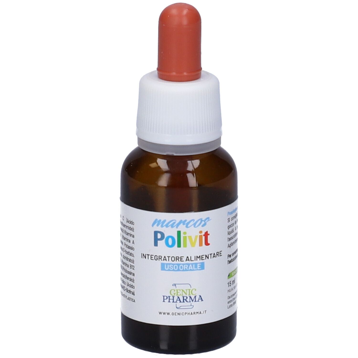 Flacone di vetro marrone con tappo bianco e contagocce rosso. Etichetta con nome del prodotto e testo.