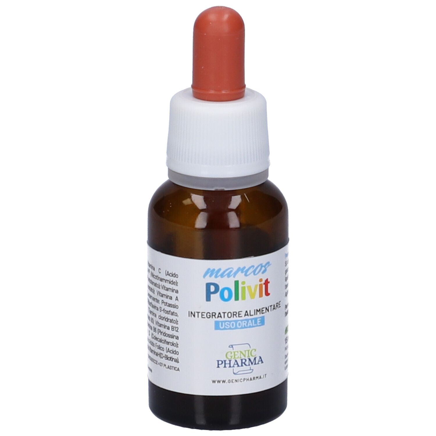 Flacone di vetro marrone con tappo bianco e contagocce rosso. Etichetta con nome del prodotto e ingredienti.