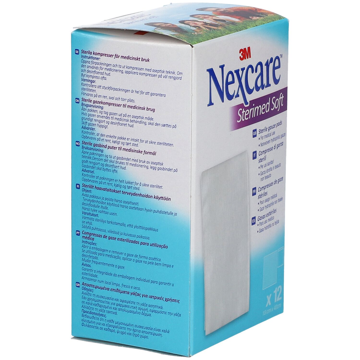 Verpackung von Nexcare Sterimed Soft. Mehrsprachige Texte auf der Verpackung. Enthält sterile Kompressen.