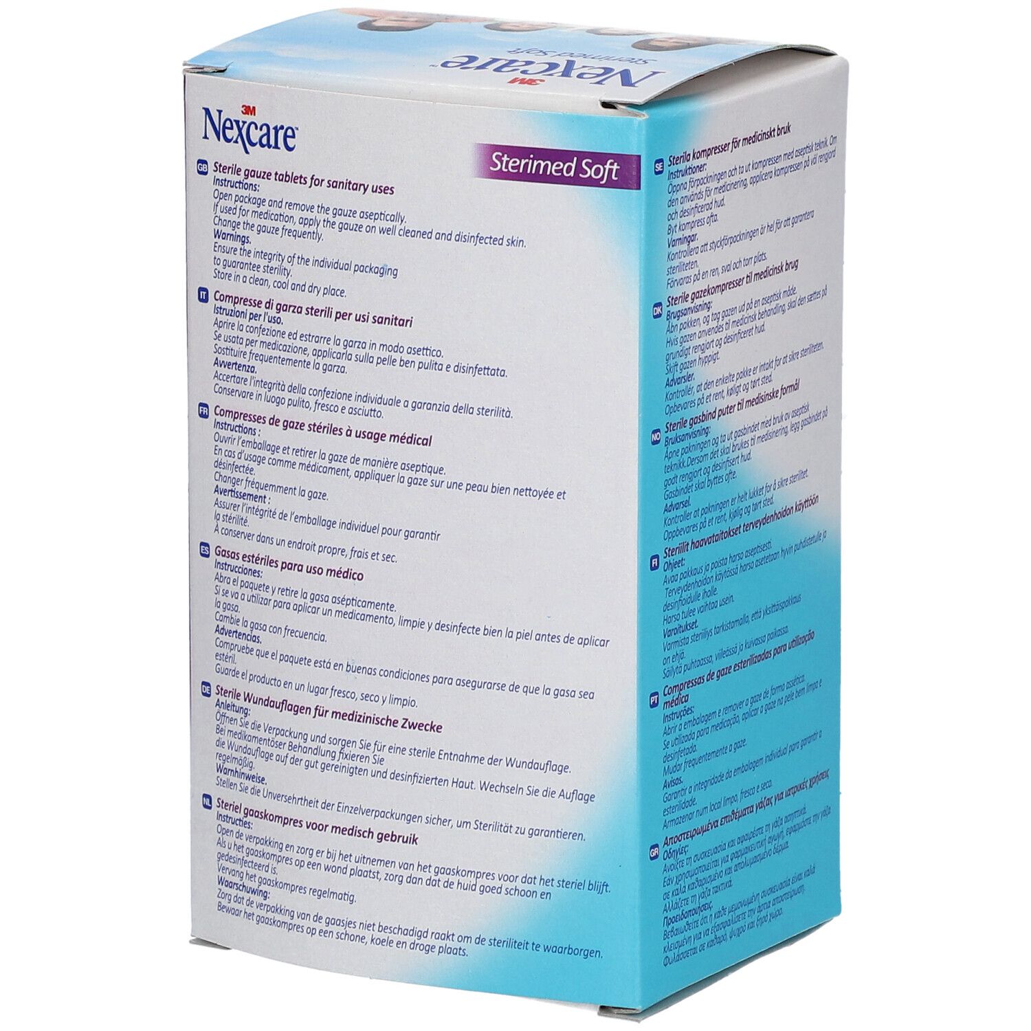Rückseite der Nexcare Sterimed Soft Verpackung. Mehrsprachige Anweisungen und Informationen.
