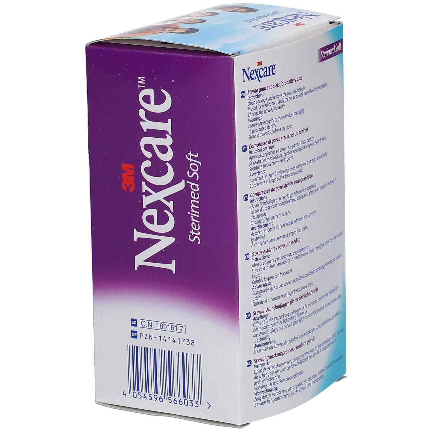 Seite der Nexcare Sterimed Soft Verpackung. Barcode und Produktinformationen.