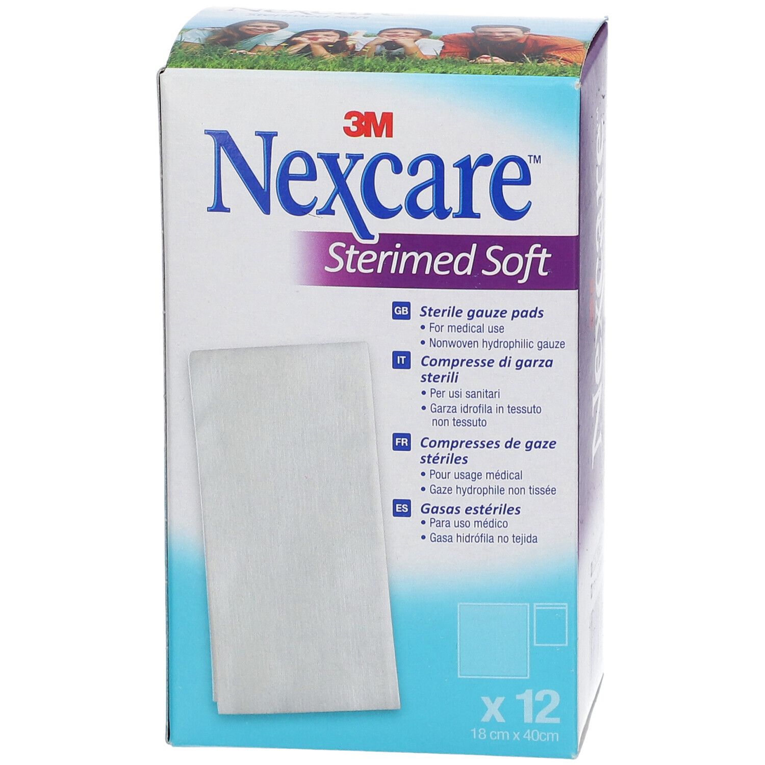 Vorderseite der Nexcare Sterimed Soft Verpackung. Enthält 12 sterile Gazekompressen. Mehrsprachige Texte.