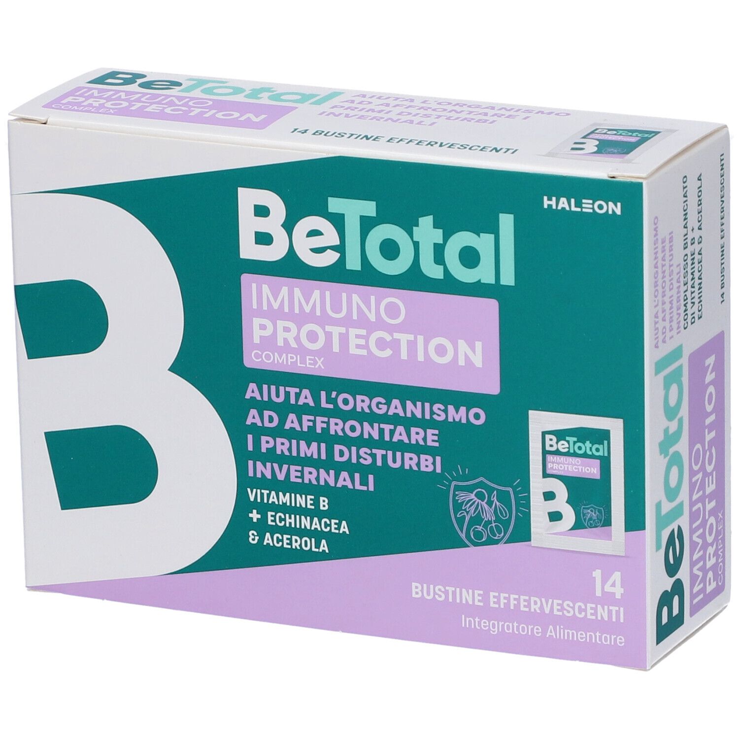Confezione BeTotal Immuno Protection Complex. 14 bustine effervescenti. Verde, lilla e bianco. Testo: Vitamina B, Echinacea, Acerola.
