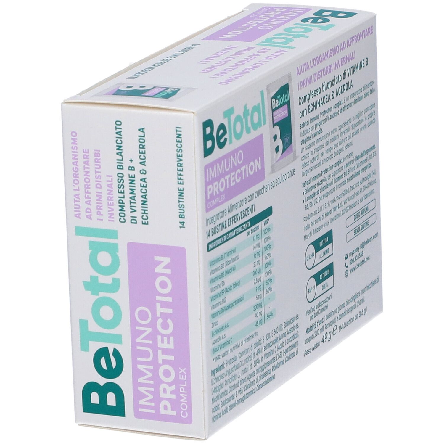Confezione BeTotal Immuno Protection Complex. 14 bustine effervescenti. Verde, lilla e bianco. Testo: Vitamina B, Echinacea, Acerola.