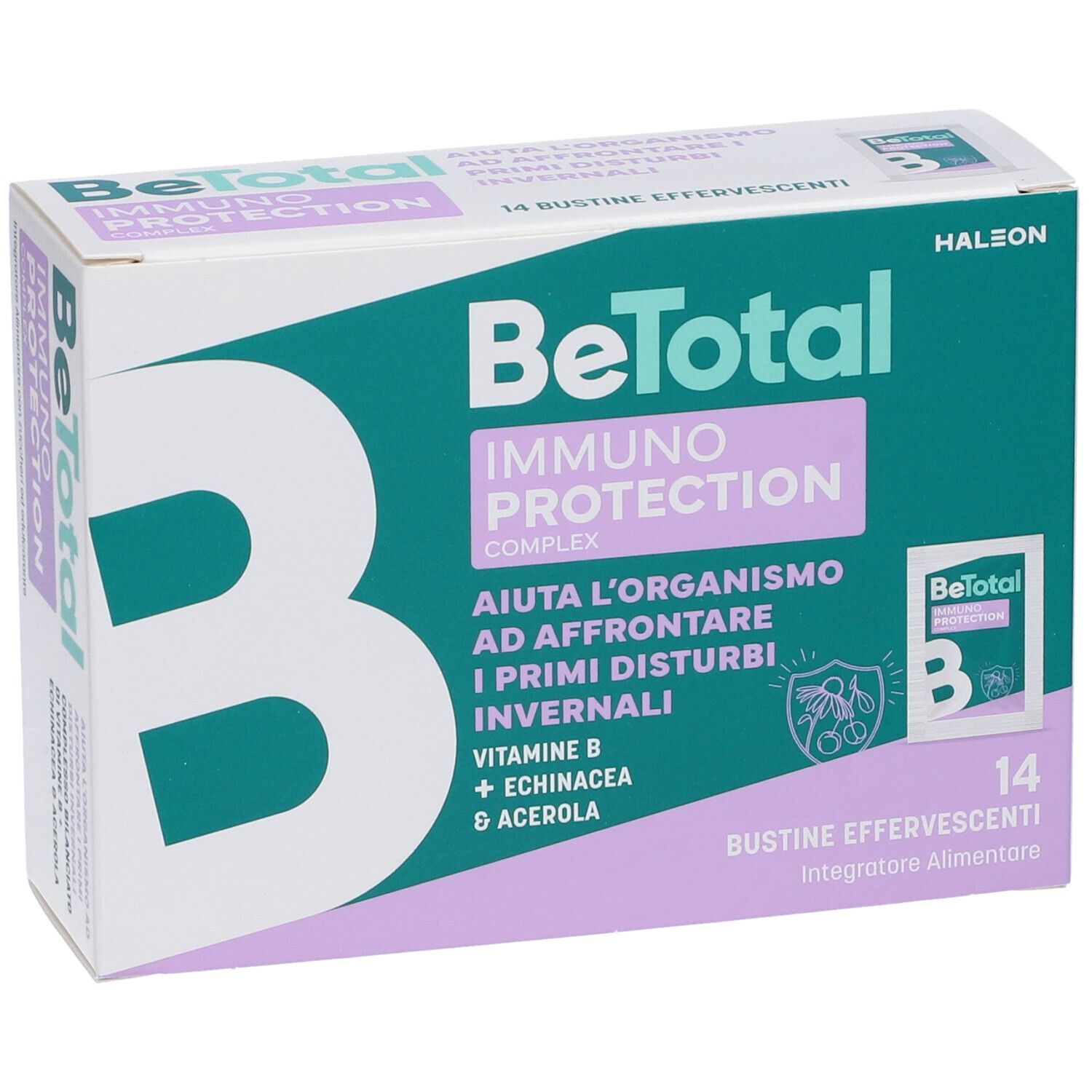 Confezione BeTotal Immuno Protection Complex. 14 bustine effervescenti. Verde, lilla e bianco. Testo: Vitamina B, Echinacea, Acerola.
