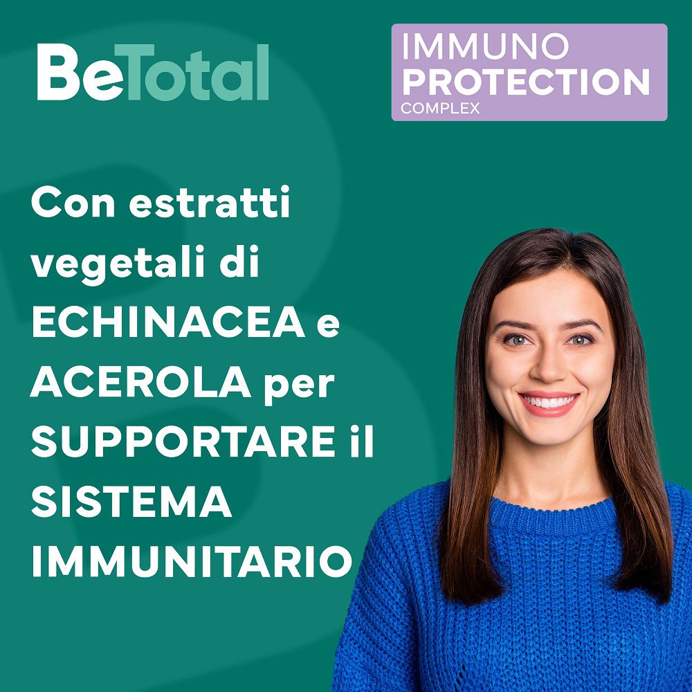 Frau lächelt. Text: Mit Pflanzenextrakten aus Echinacea und Acerola zur Unterstützung des Immunsystems.