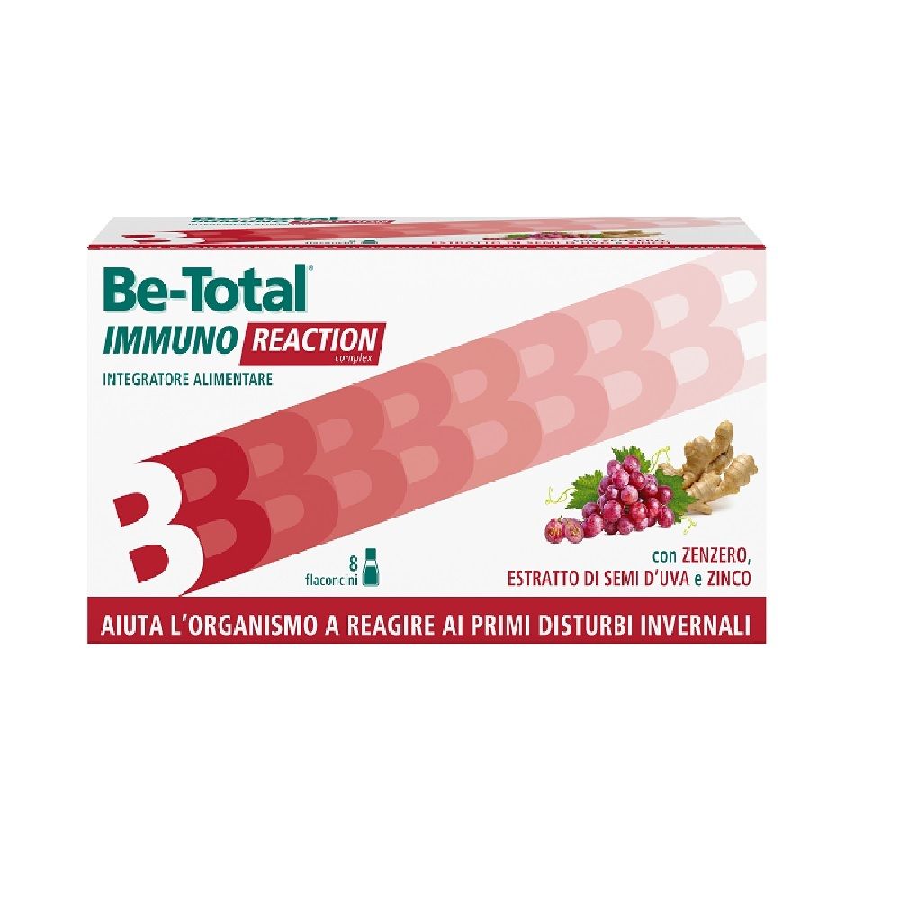 Confezione Be-Total Immuno Reaction. Contiene 8 flaconcini. Stampa con ingredienti, uva e zenzero.