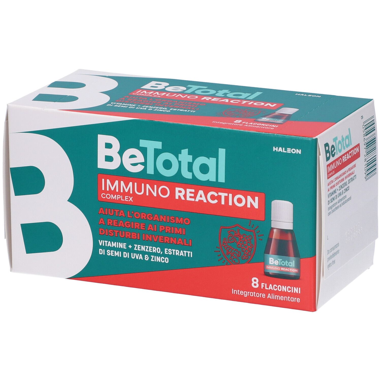 Confezione Be-Total Immuno Reaction. Contiene 8 flaconcini. Confezione verde e bianca con immagine del prodotto.
