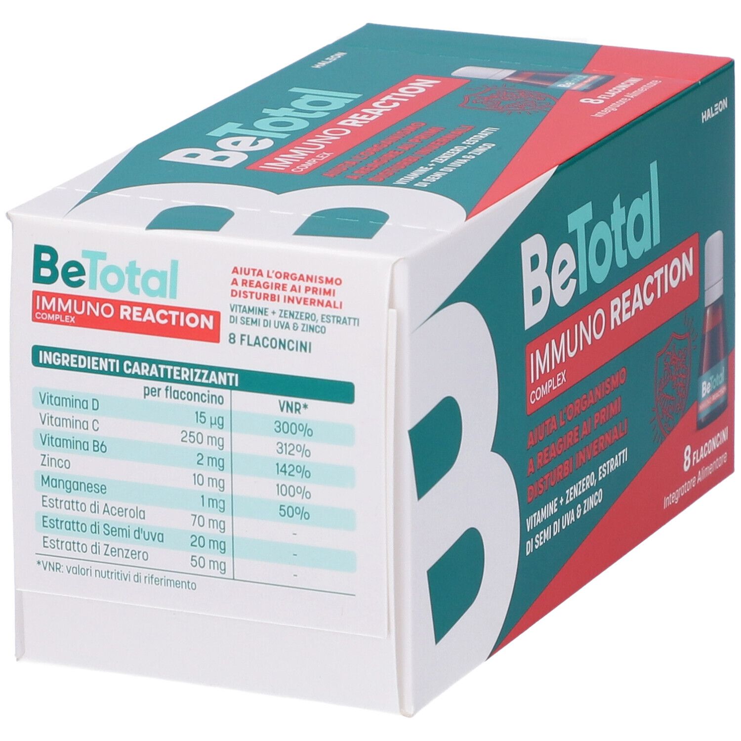 Confezione Be-Total Immuno Reaction. Contiene 8 flaconcini. Tabella ingredienti con vitamine e minerali.