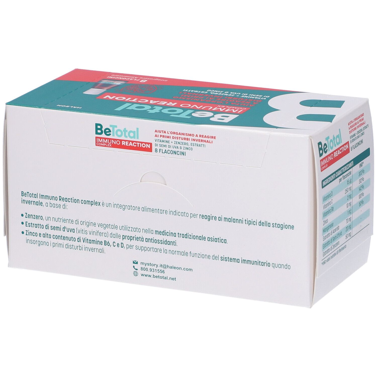Confezione Be-Total Immuno Reaction. Contiene 8 flaconcini. Retro con informazioni sul prodotto e contatti.