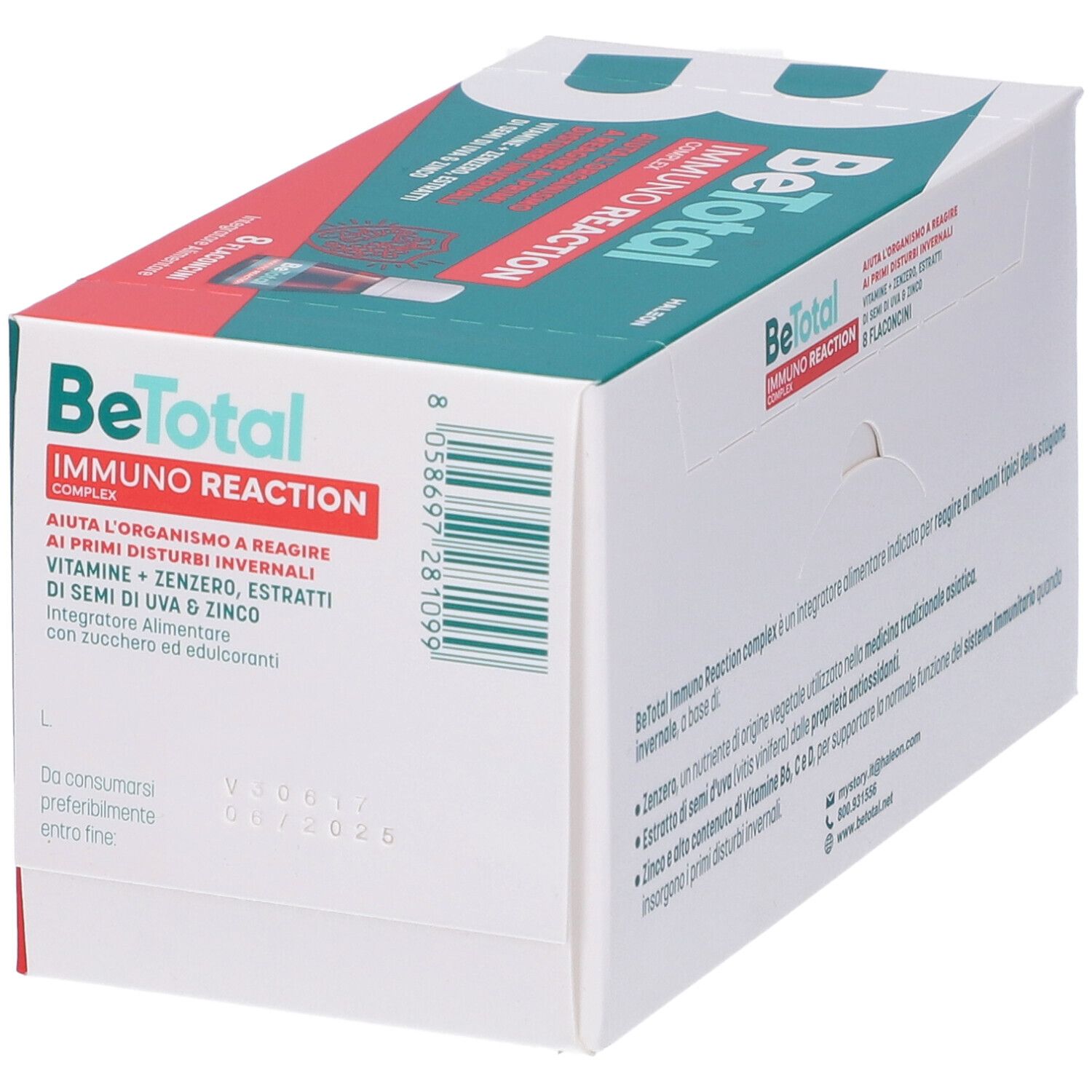 Confezione Be-Total Immuno Reaction. Contiene 8 flaconcini. Confezione con data di scadenza.