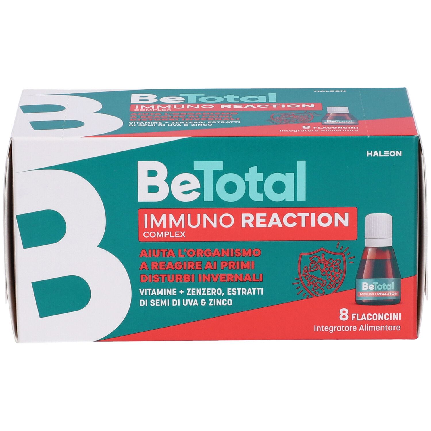 Confezione Be-Total Immuno Reaction. Contiene 8 flaconcini. Confezione verde e bianca con immagine del prodotto.
