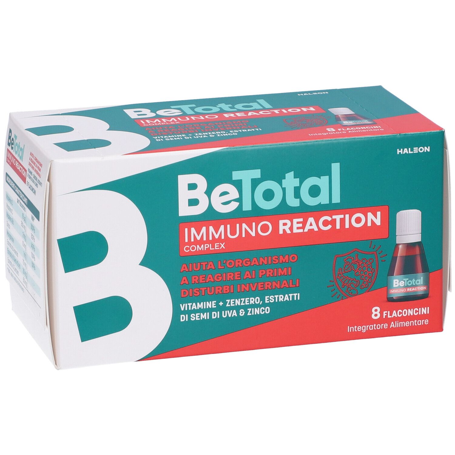 Confezione Be-Total Immuno Reaction. Contiene 8 flaconcini. Confezione verde e bianca con immagine del prodotto.