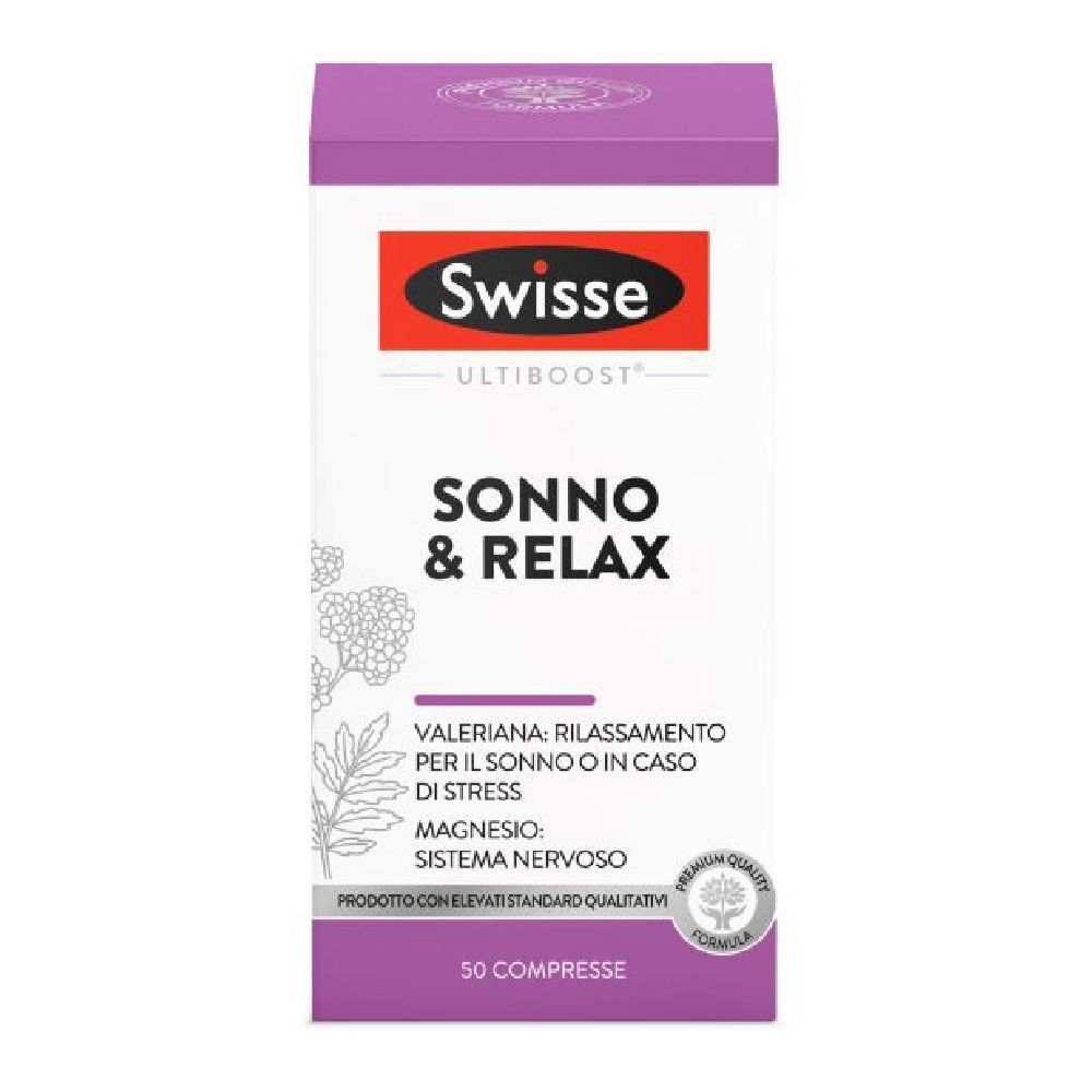 Scatola bianca e viola con logo Swisse e SONNO & RELAX. Contiene 50 compresse.