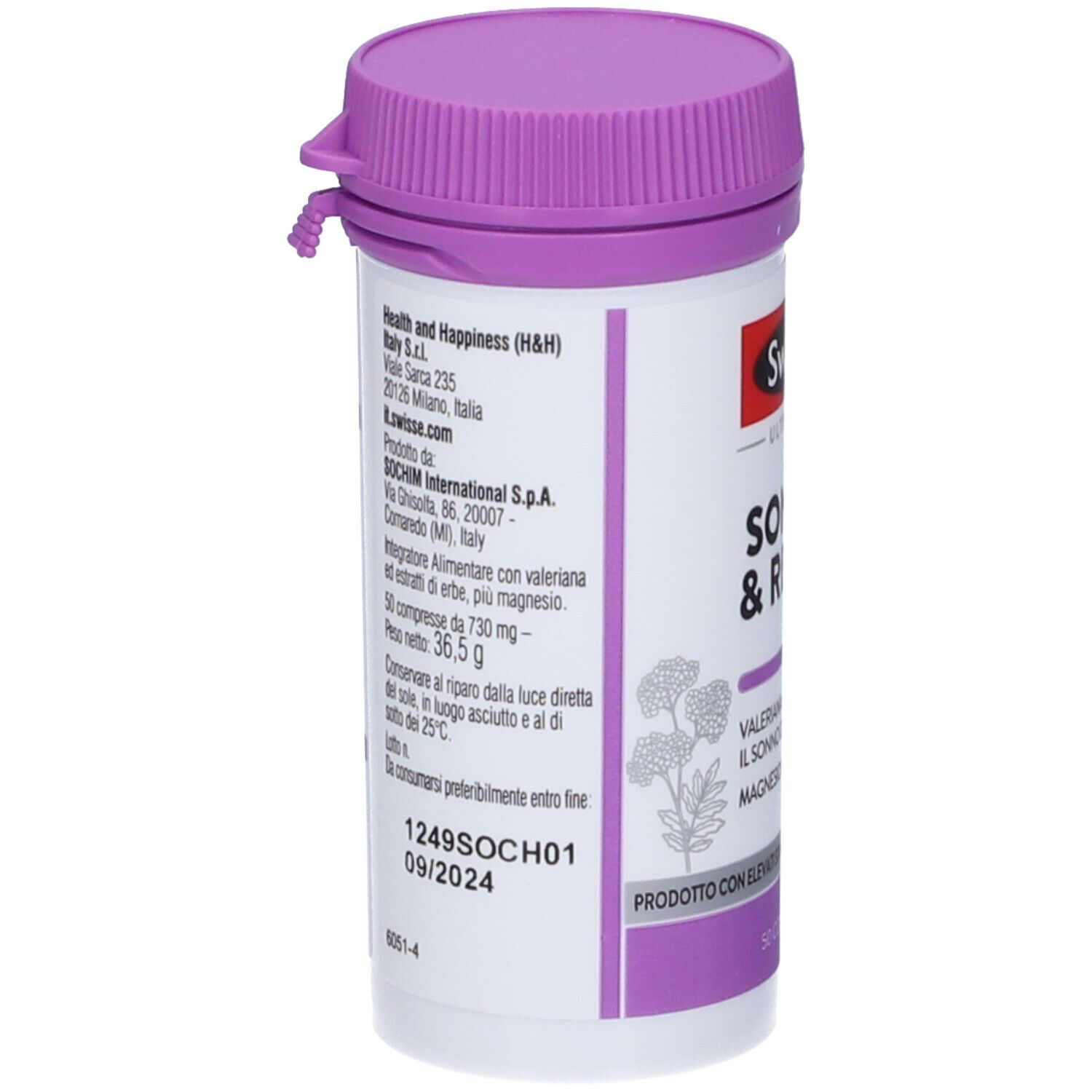 Flacone cilindrico con coperchio viola. SONNO & RELAX di Swisse. Retro con testo e ingredienti.