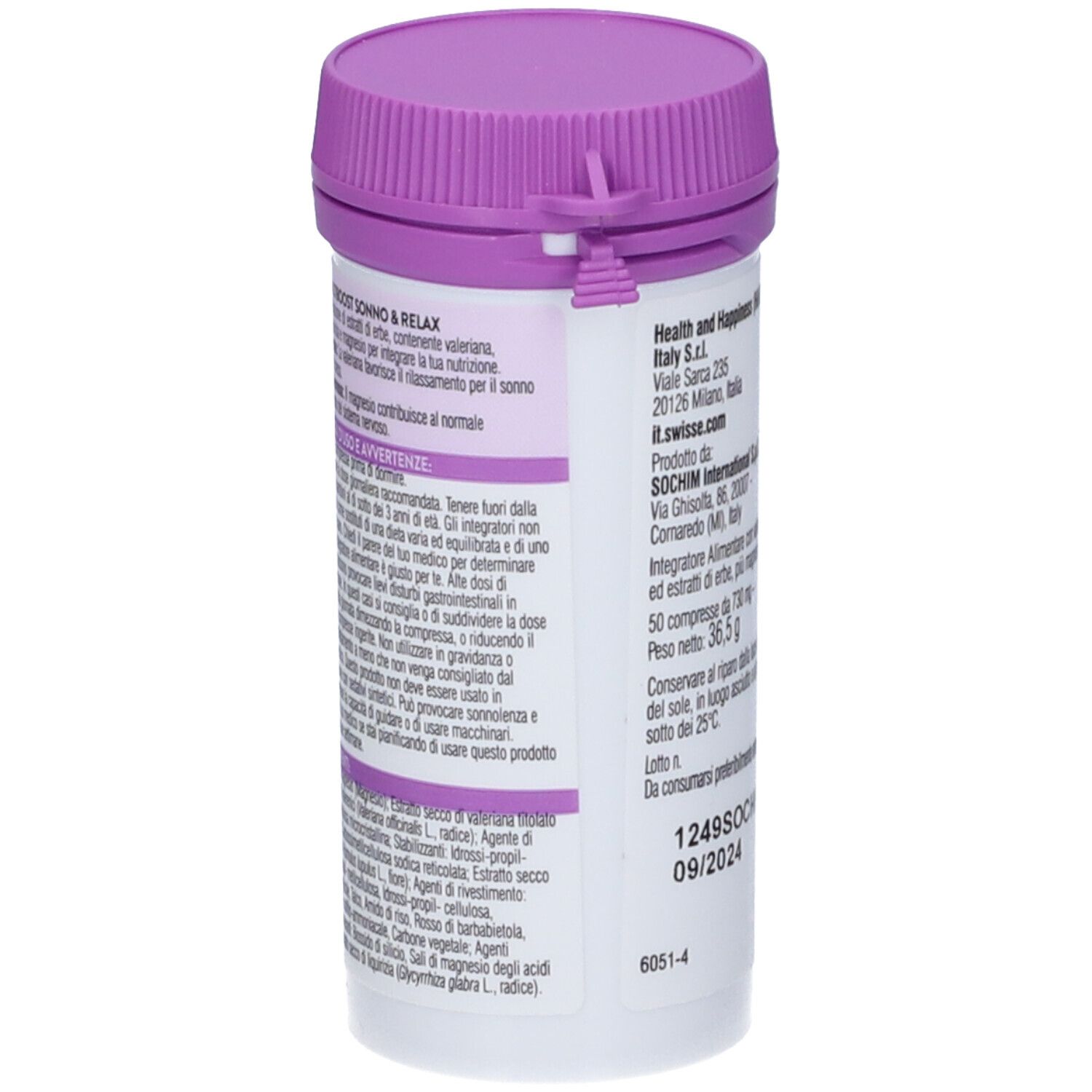 Flacone cilindrico con coperchio viola. SONNO & RELAX di Swisse. Retro con testo e ingredienti.