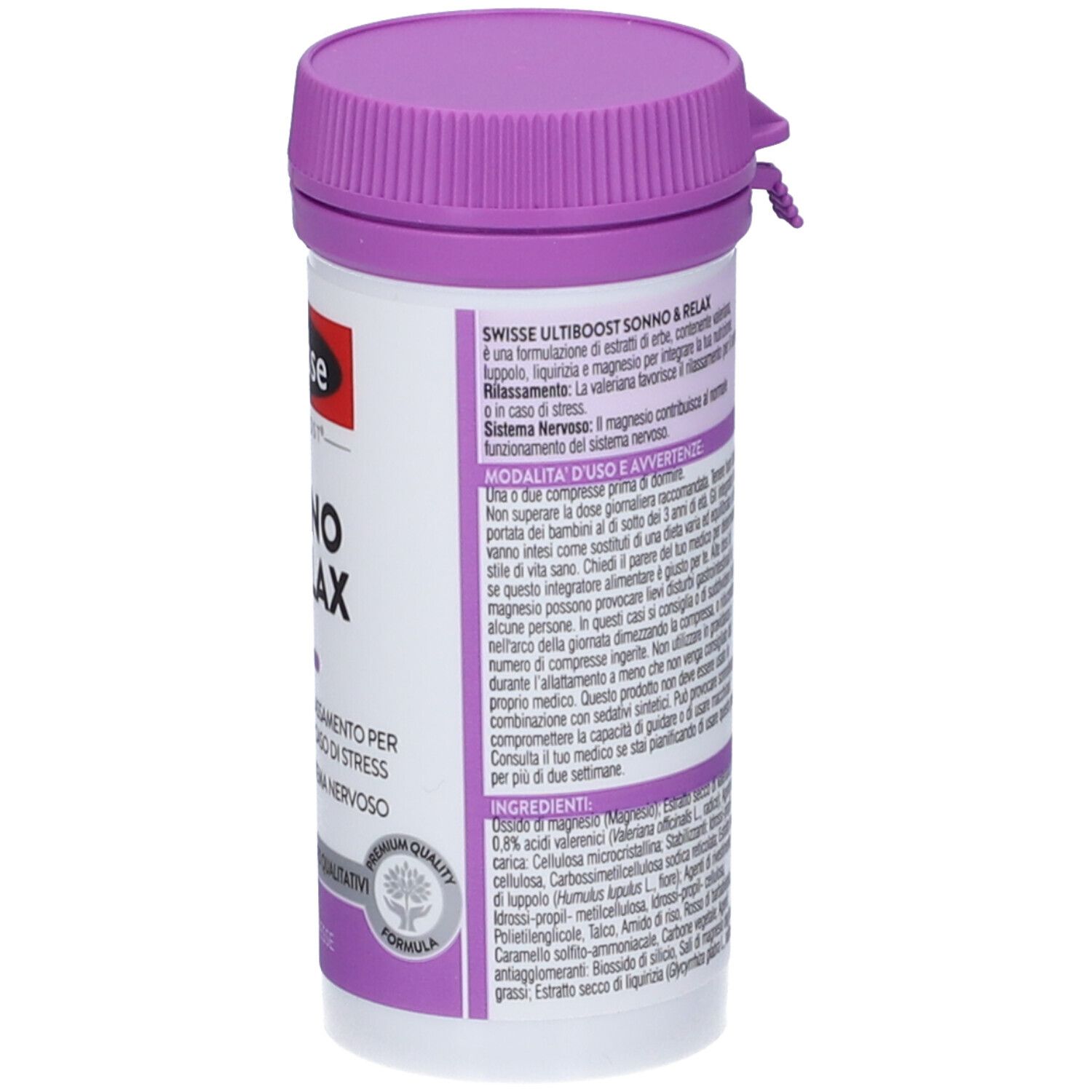 Flacone cilindrico con coperchio viola. SONNO & RELAX di Swisse. Retro con testo e ingredienti.