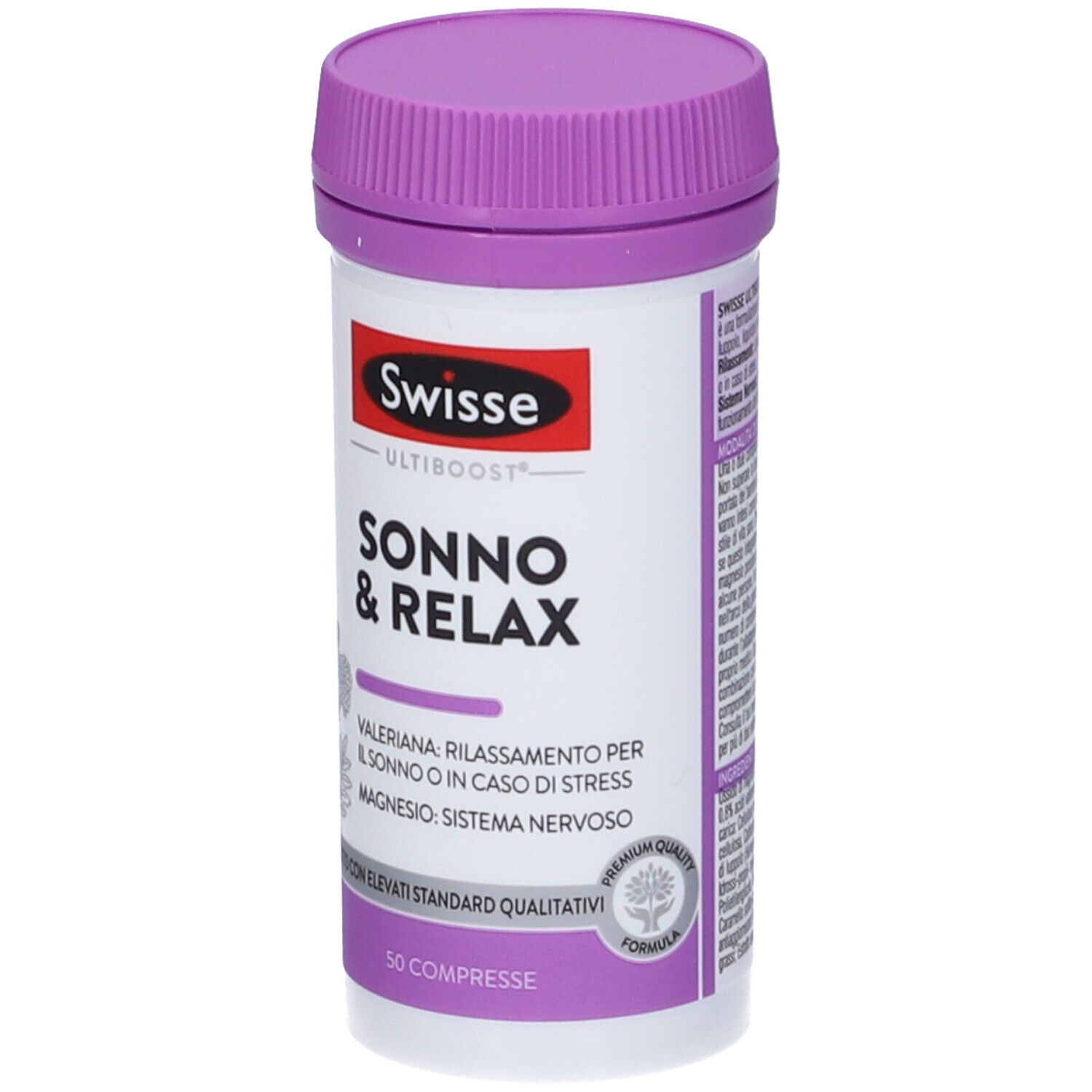 Flacone cilindrico con coperchio viola. SONNO & RELAX di Swisse. Fronte con testo.