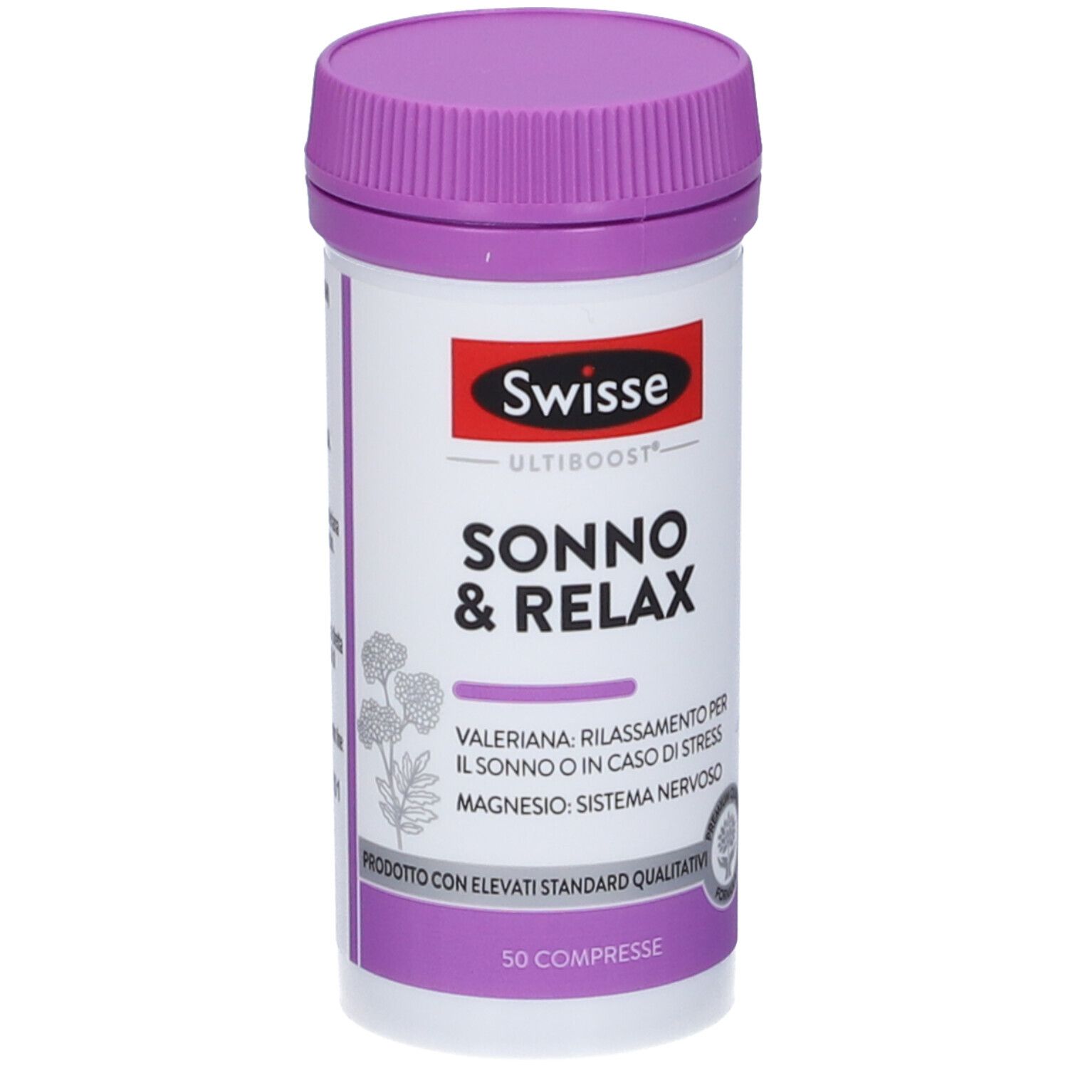 Flacone cilindrico con coperchio viola. SONNO & RELAX di Swisse. Fronte con testo.