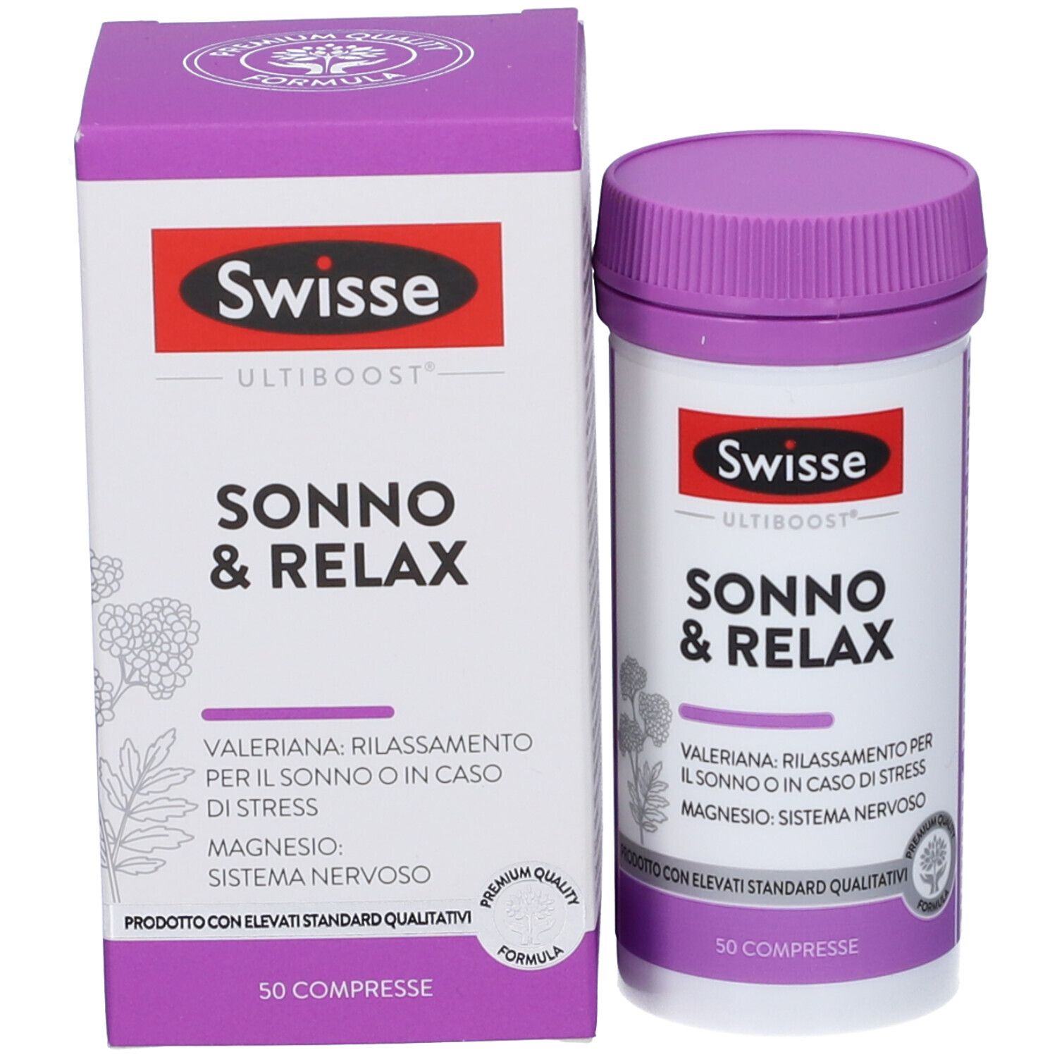 Confezione prodotto con flacone e scatola. SONNO & RELAX di Swisse. Viola e bianco.