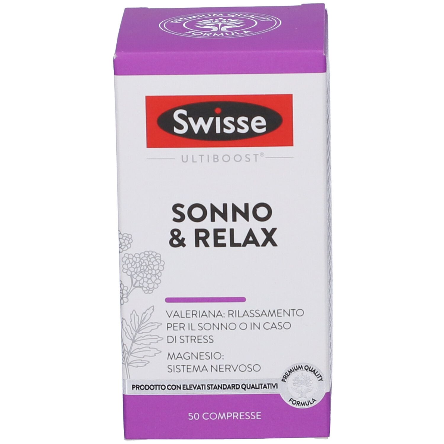 Scatola bianca e viola con logo Swisse e SONNO & RELAX. Contiene 50 compresse.