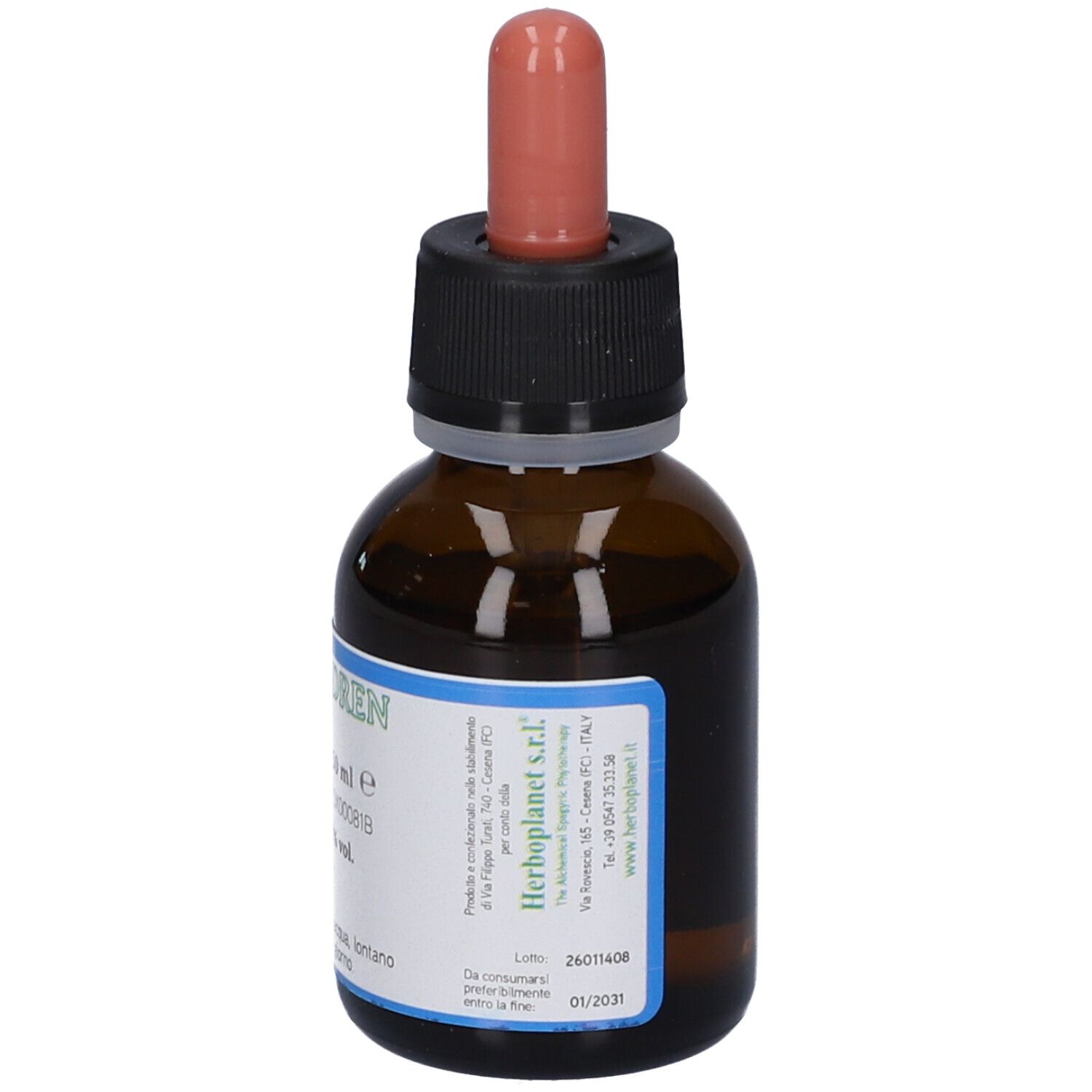 Braune Glasflasche mit schwarzem Verschluss und rosafarbenem Tropfer. Blaue Etiketten mit Text. Produktansicht.