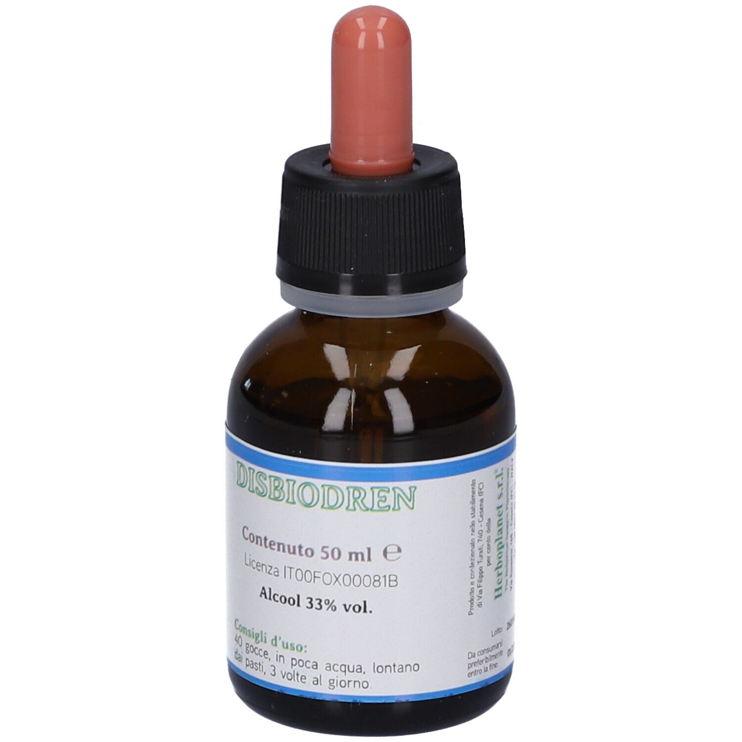 Braune Glasflasche mit schwarzem Verschluss und rosafarbenem Tropfer. Blaue Etiketten mit Text. Produktansicht.