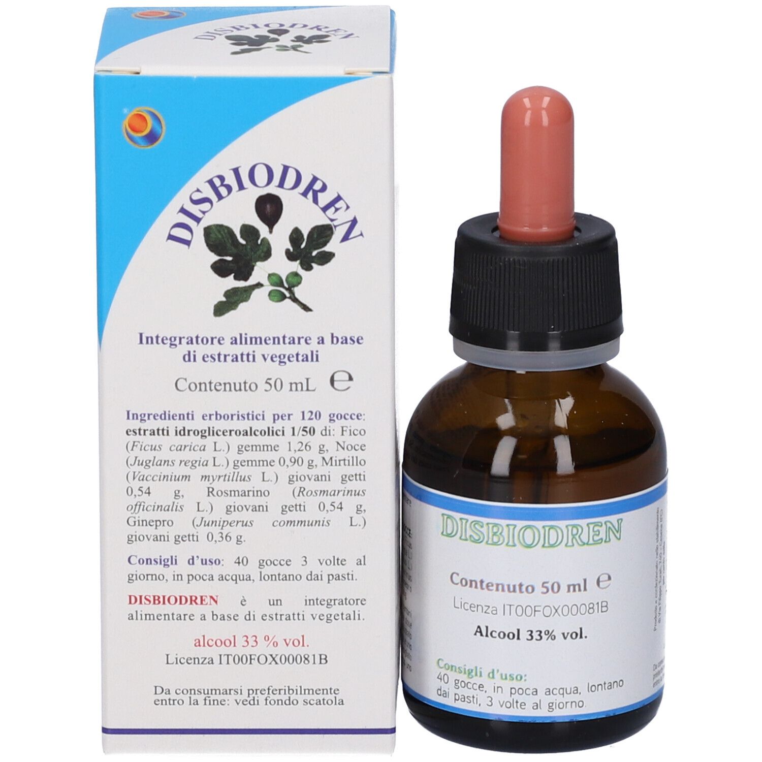 Braune Glasflasche mit schwarzem Verschluss und rosafarbenem Tropfer neben einer weißen Schachtel. Produktansicht.