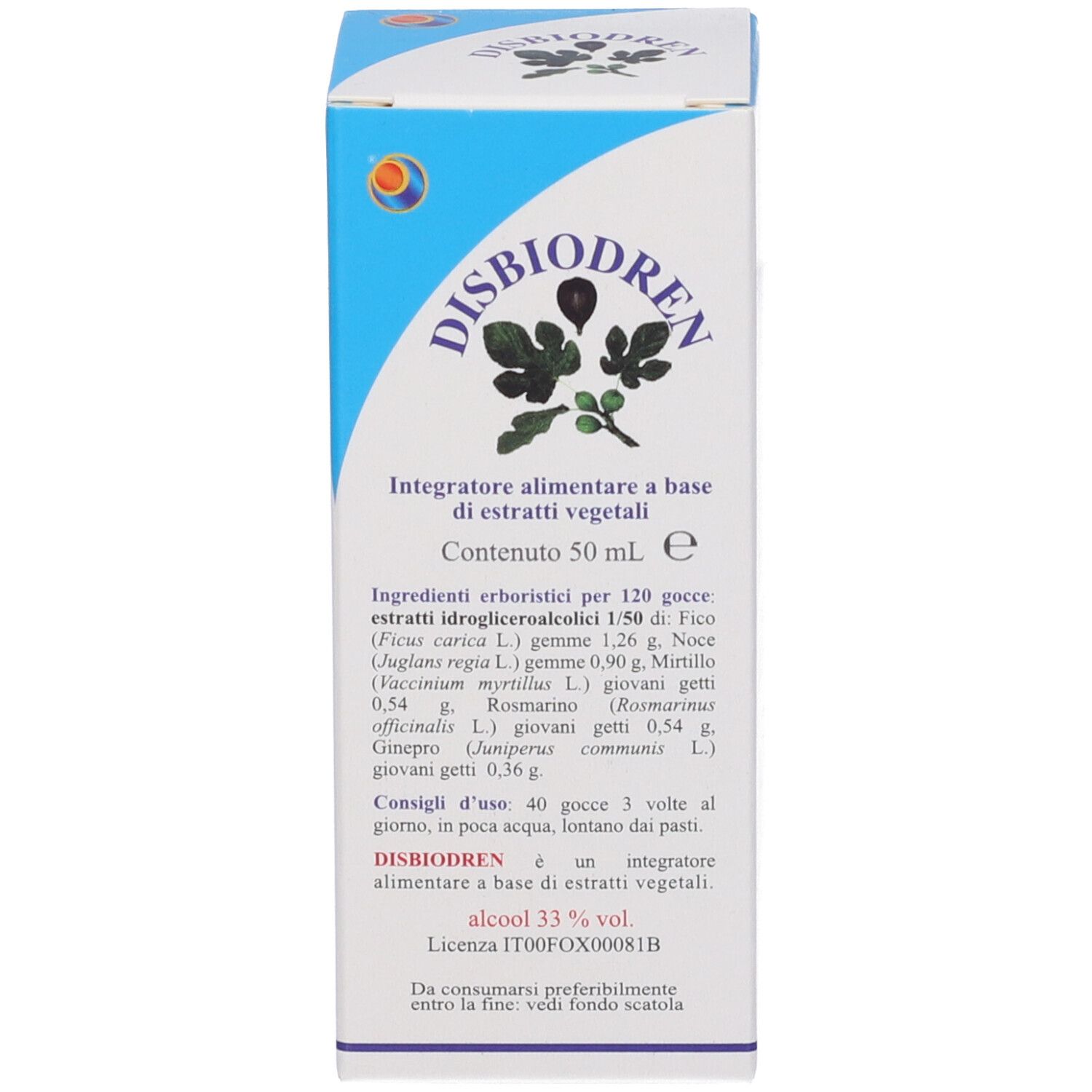 Weiße Schachtel mit blauem Design und Produktinformationen. Abbildung von Blättern und Früchten. Produktansicht.