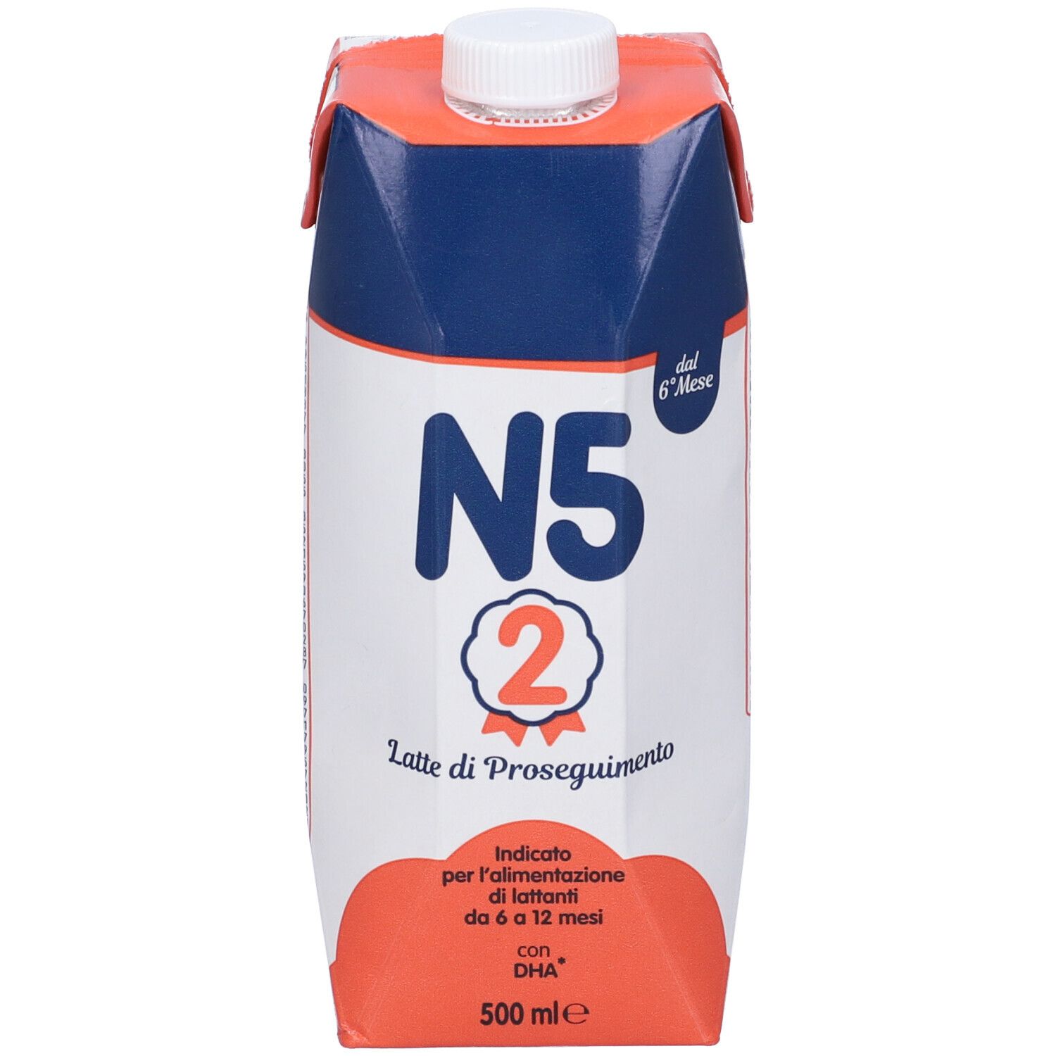 Confezione di latte N5 2, 'Latte di Proseguimento'. Scritta 'dal 6° Mese'. Contiene 500 ml. Colori blu e arancione.