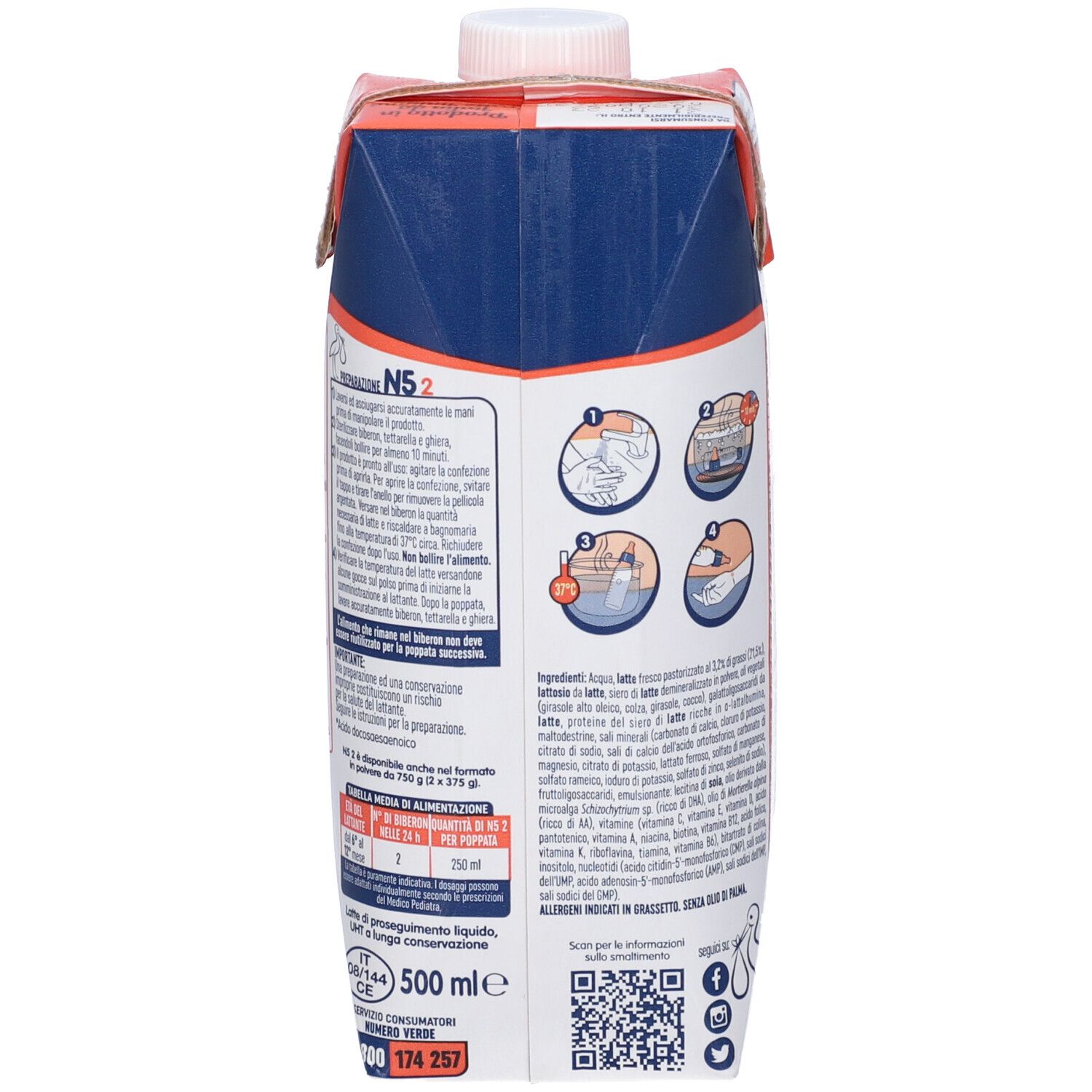 Retro della confezione di latte. Lista ingredienti, istruzioni e QR code. 500 ml. Design arancione e blu.