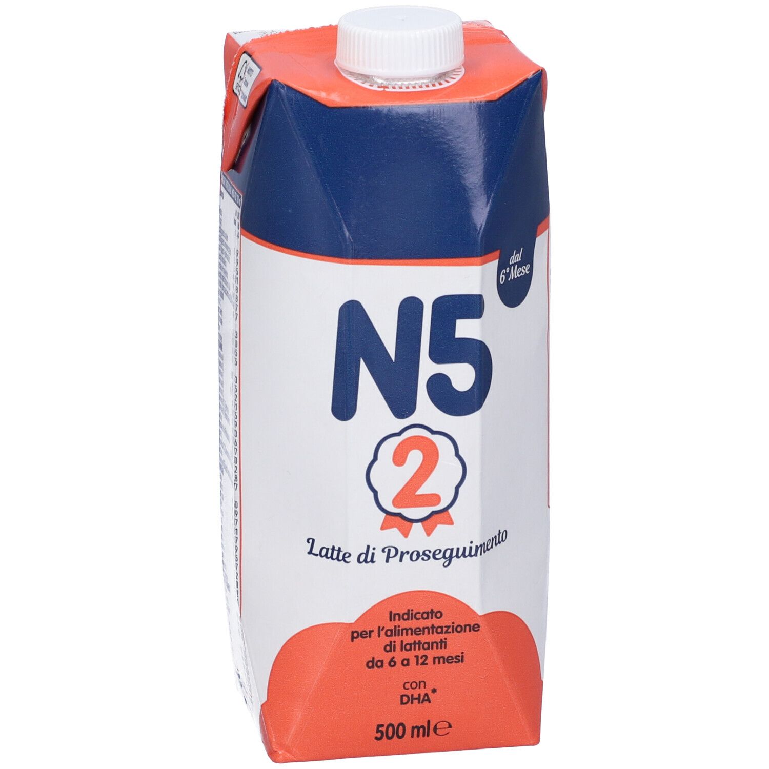 Confezione di latte in diagonale. N5 2, 'Latte di Proseguimento'. 500 ml. Design arancione e blu. 'dal 6° Mese'.