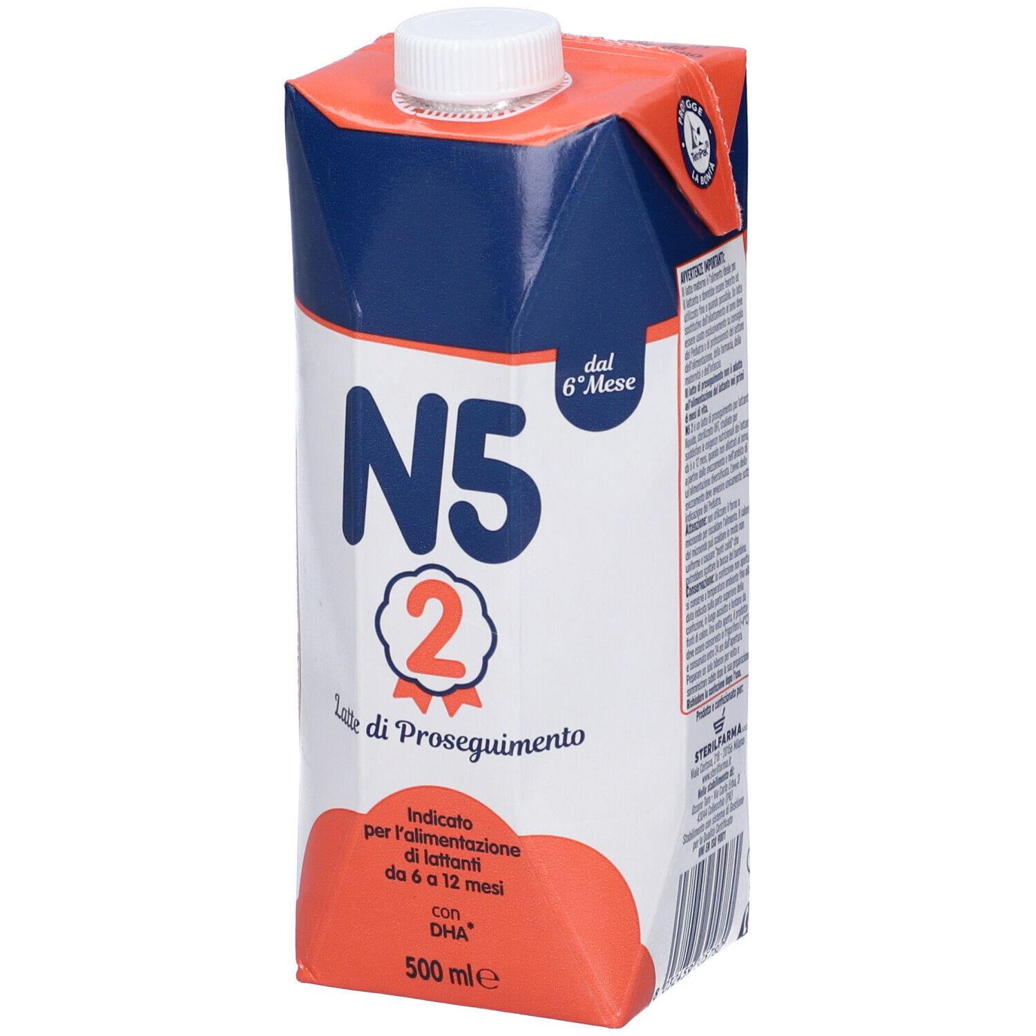 Confezione di latte leggermente in diagonale. N5 2, 'Latte di Proseguimento'. 500 ml. Design arancione e blu. 'dal 6° Mese'.
