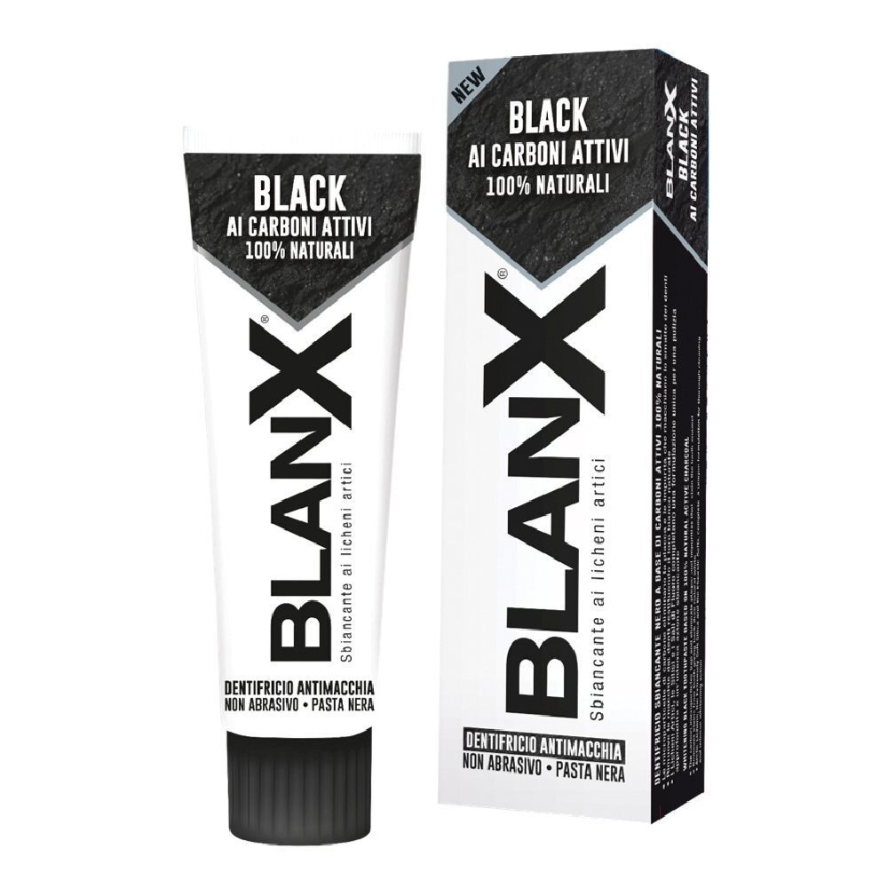 Tubo e confezione di dentifricio. Design bianco e nero con nome e testo del prodotto.