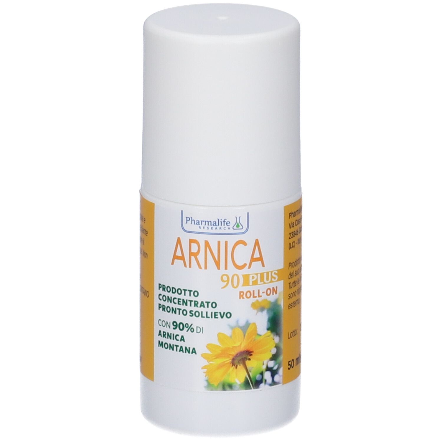 Weißer Roll-on-Behälter mit gelbem Etikett. Aufschrift: Arnica 90 Plus Roll-on. Enthält 90% Arnica Montana. Gelbe Blume abgebildet.
