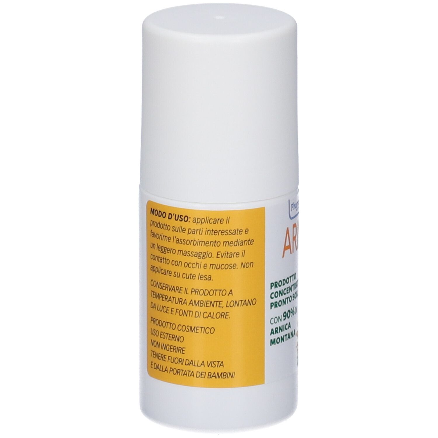Weißer Roll-on-Behälter mit gelbem Etikett. Text: Anwendungshinweise, Inhaltsstoffe. Nicht auf offene Wunden auftragen. Nur zur äußerlichen Anwendung.