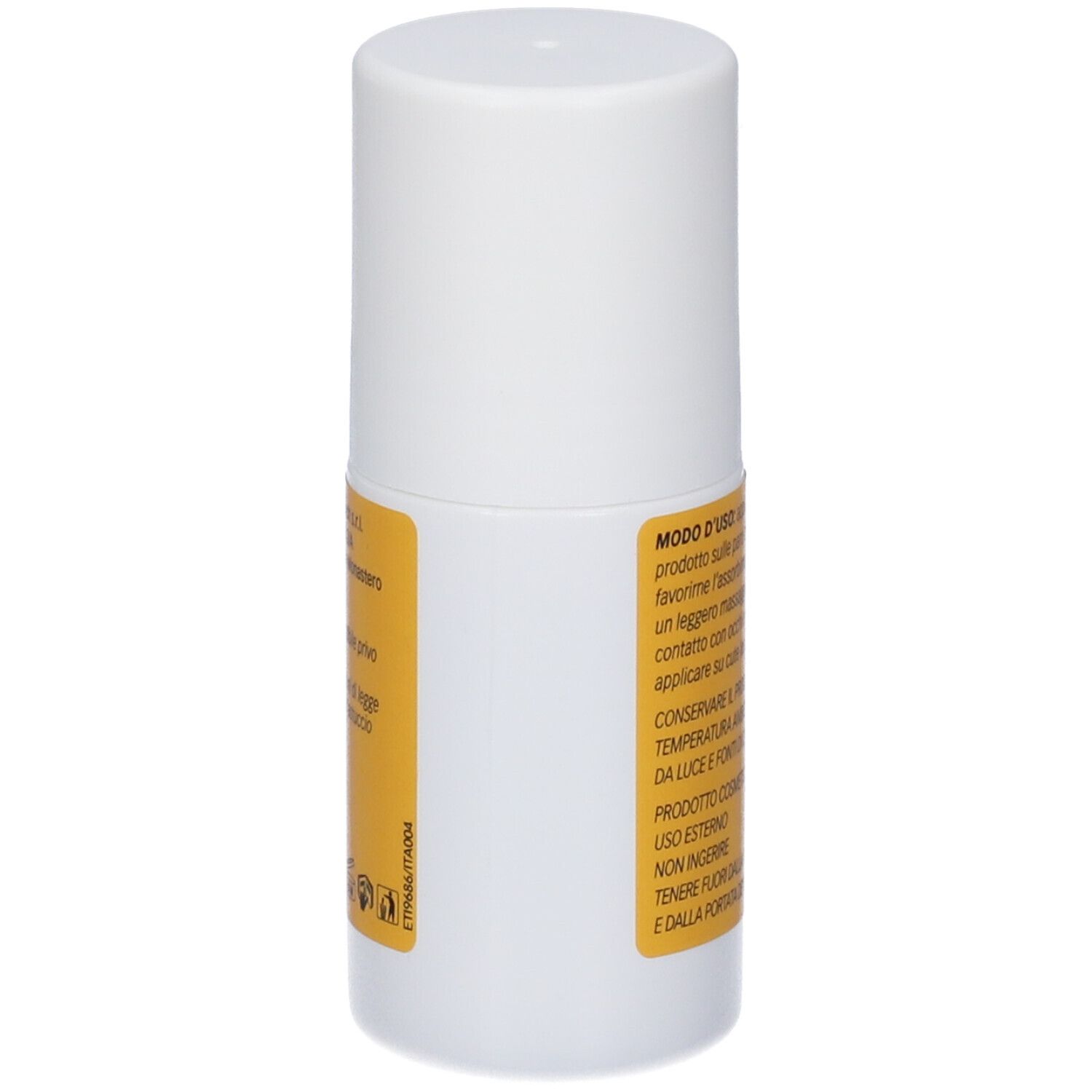 Weißer Roll-on-Behälter mit gelbem Etikett. Text: Anwendungshinweise, Inhaltsstoffe. Nur zur äußerlichen Anwendung. Außerhalb der Reichweite von Kindern aufbewahren.