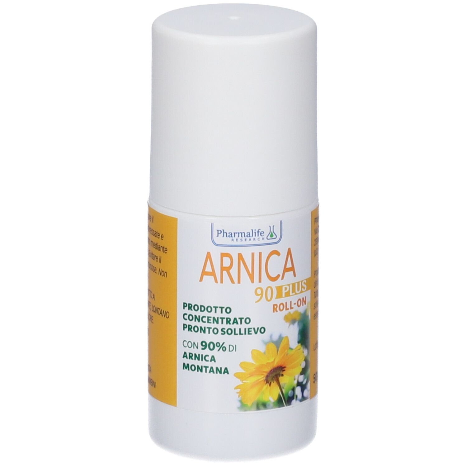 Weißer Roll-on-Behälter mit gelbem Etikett. Aufschrift: Arnica 90 Plus Roll-on. Enthält 90% Arnica Montana. Gelbe Blume abgebildet. 50 ml.