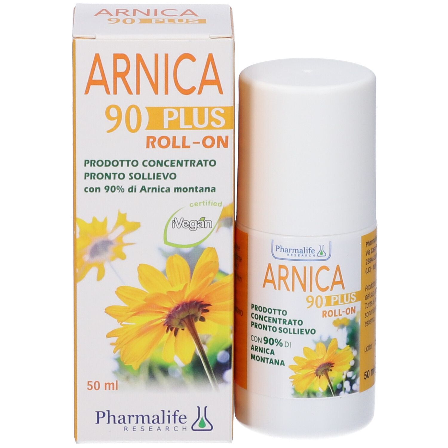 Produktverpackung mit Roll-on-Behälter und Schachtel. Aufschrift: Arnica 90 Plus Roll-on. Enthält 90% Arnica Montana. Vegan-Zertifizierung.
