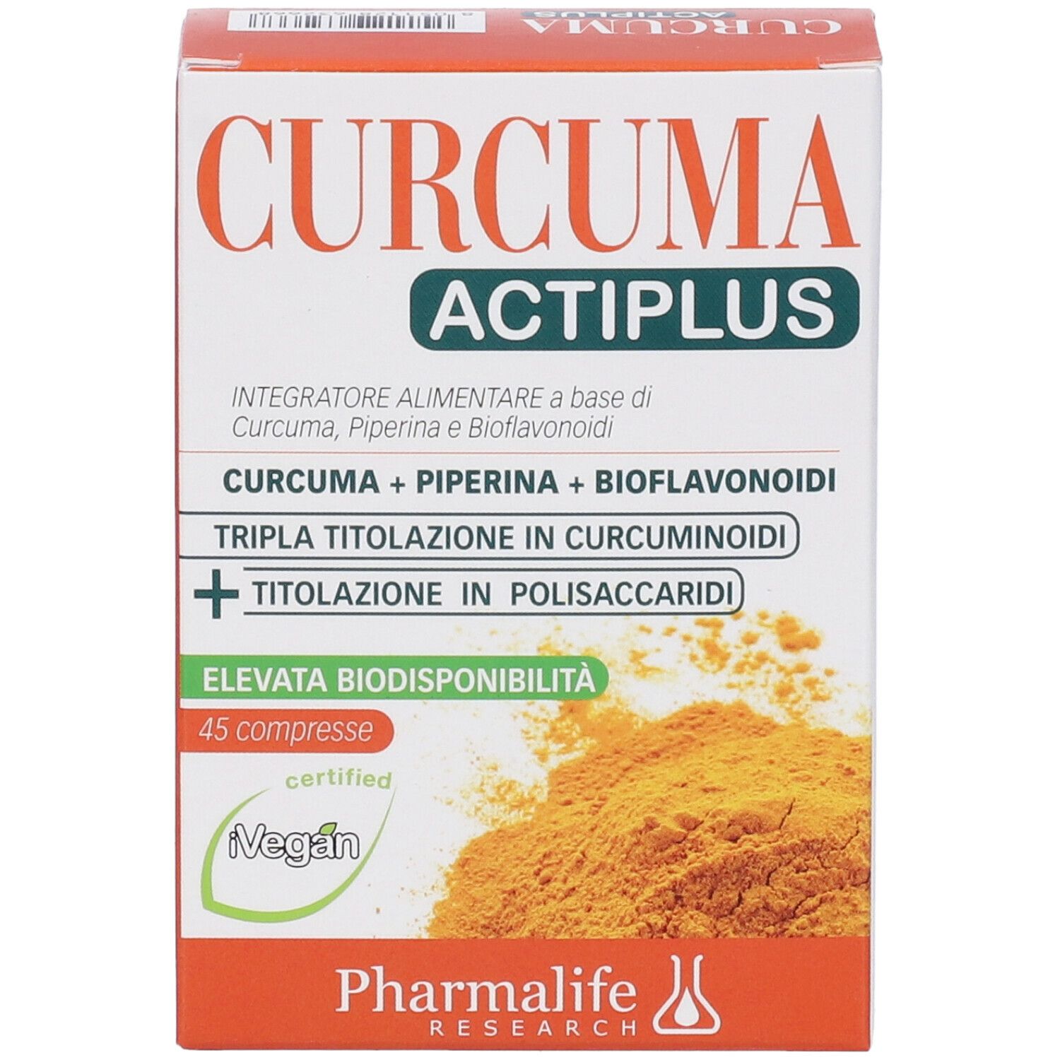 Confezione del prodotto. Scritta: Curcuma Actiplus. Contiene 45 compresse. Marchio: Pharmalife Research. Certificazione Vegan.
