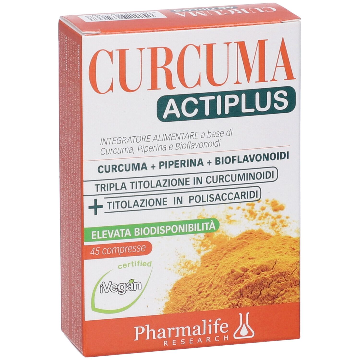 Confezione del prodotto, angolata. Scritta: Curcuma Actiplus. Marchio: Pharmalife Research. Contiene 45 compresse. Certificazione Vegan.