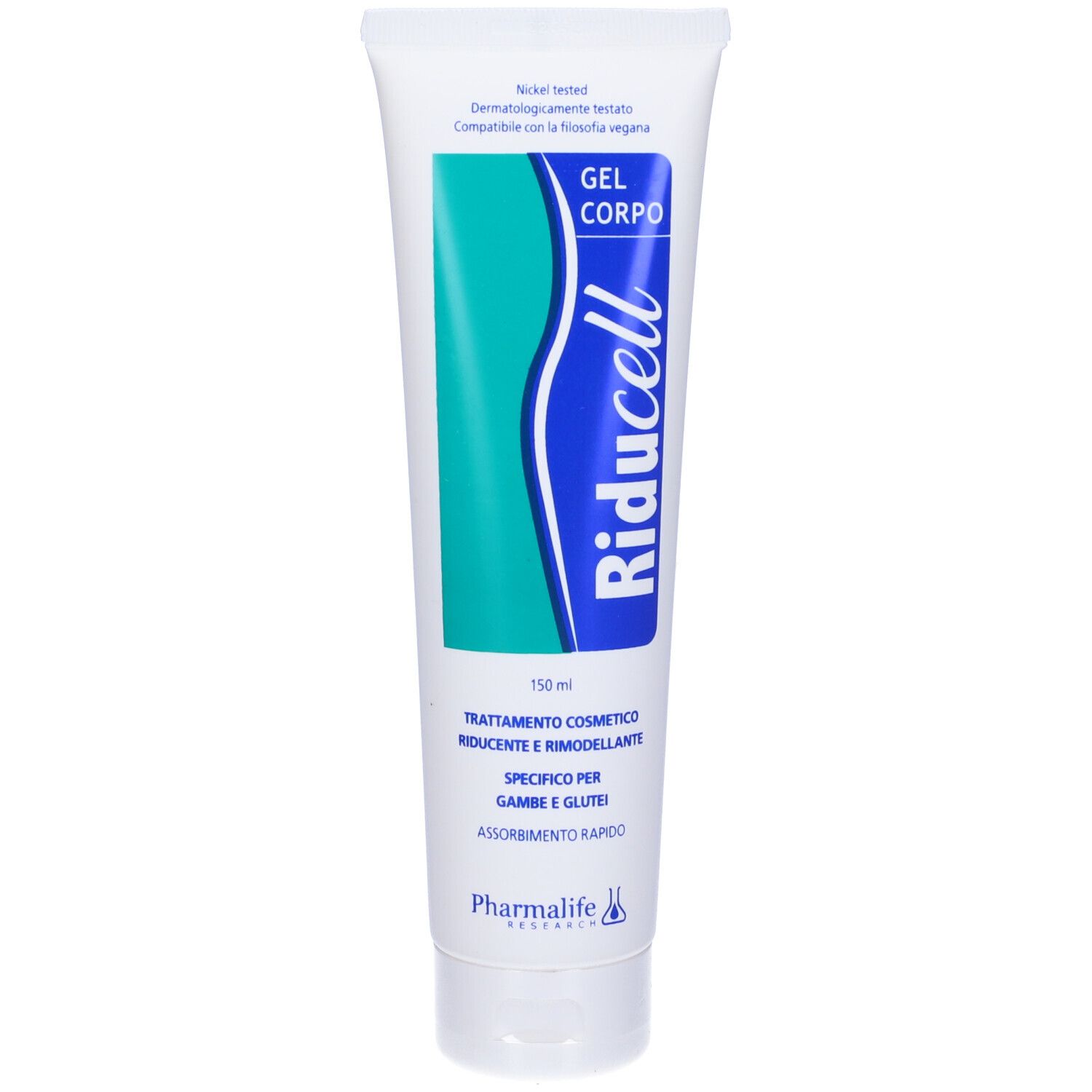 Tubo bianco con grafica blu-verde e testo. Scritta: Gel Corpo, Riducell, 150 ml. Dermatologicamente testato.