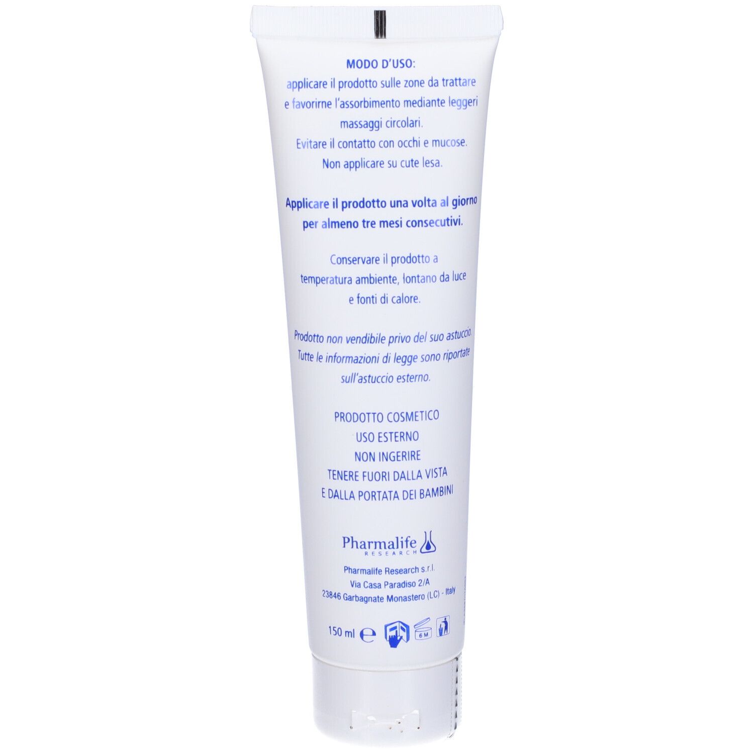 Retro di un tubo bianco. Testo: Modo d'uso, cosmetico, non ingerire, tenere fuori dalla portata dei bambini.