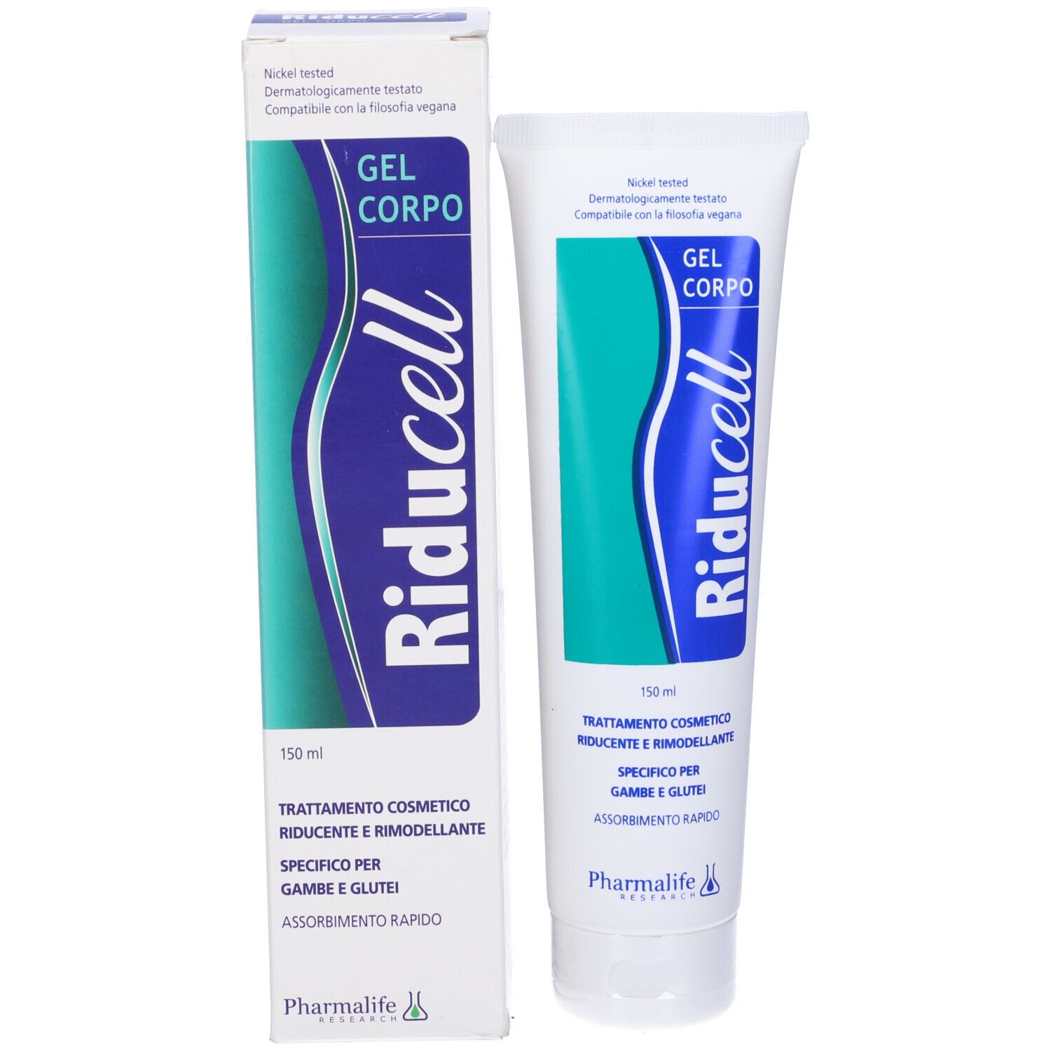 Confezione del prodotto con tubo e scatola. Tubo: bianco, grafica blu-verde, testo: Gel Corpo, Riducell, 150 ml. Scatola: bianca, grafica blu-verde.