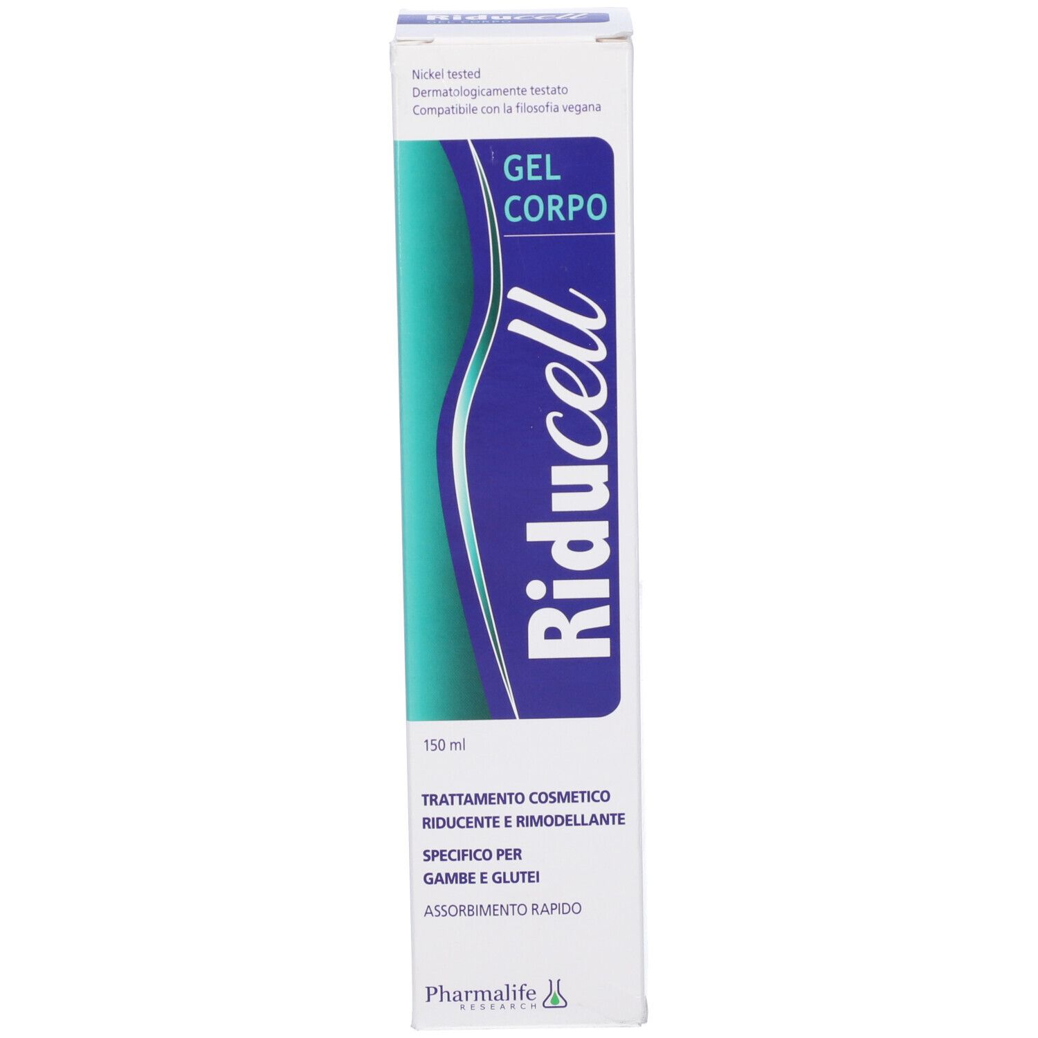 Confezione in cartone. Bianco con grafica blu-verde. Scritta: Gel Corpo, Riducell, 150 ml. Dermatologicamente testato.