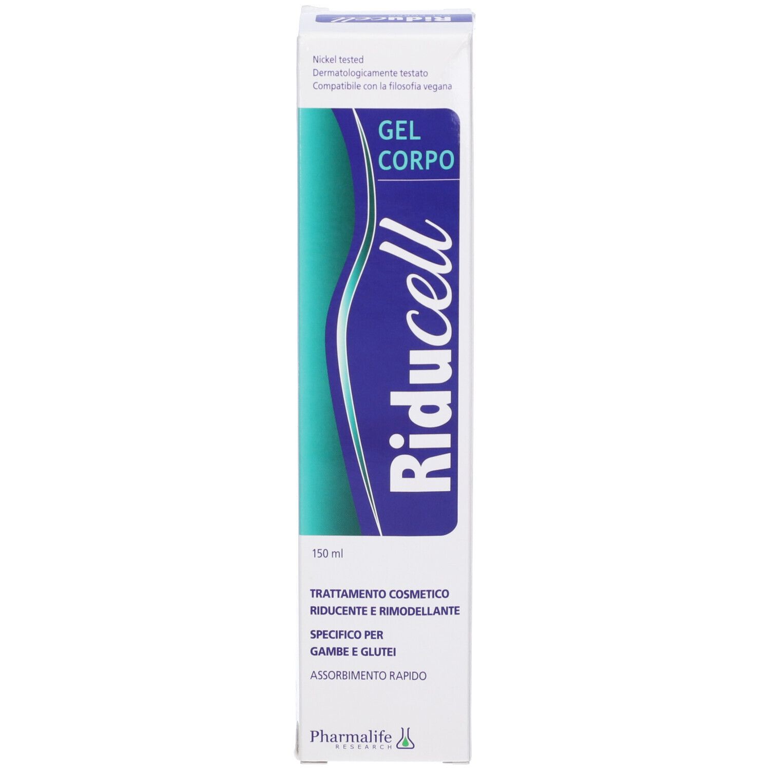 Confezione in cartone. Bianco con grafica blu-verde. Scritta: Gel Corpo, Riducell, 150 ml. Dermatologicamente testato.